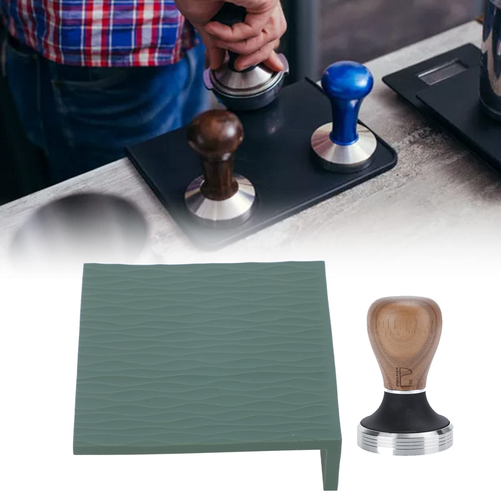 Yosoo Health Gear Tapete de Silicona para Manipulación de café con de Nogal y Acero Inoxidable de 58 Mm, Borde de 90 Grados, Protección de Superficie, para Apisonar café Expreso en la Cocina del