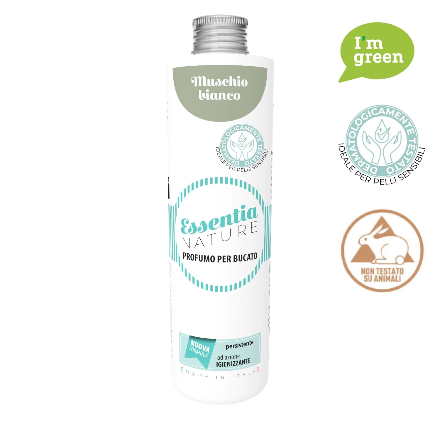 ESSENTIA Profumo per Bucato con Igienizzante, Essenza Profuma Bucato, Profumatore Bucato per Lavatrice con Estratti di Oli Essenziali Naturali (Muschio Bianco, 500 ml, confezione da 1)