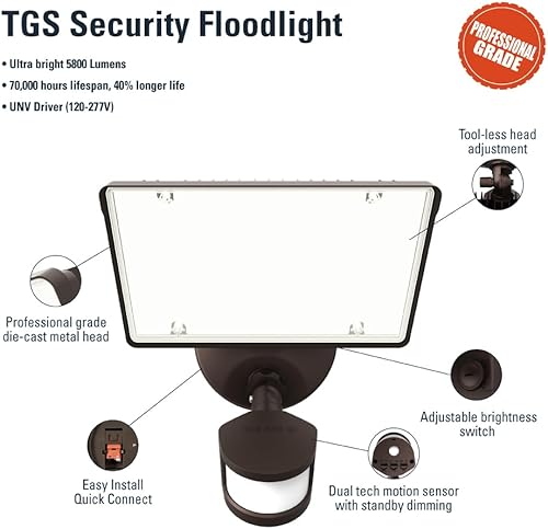 Miniatura 4 de HALO TGS - Luz de inundación LED integrada de 27 vatios, bronce, activada por movimiento, para exteriores con cabezal individual cuadrado, 4000 K,