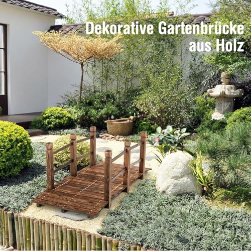 FANTASK Holzbrücke Gartenbrücke, Teichbrücke mit Geländern, Zierbrücke bis 180 kg belastbar, Brücke aus massivem Tannenholz, Braun