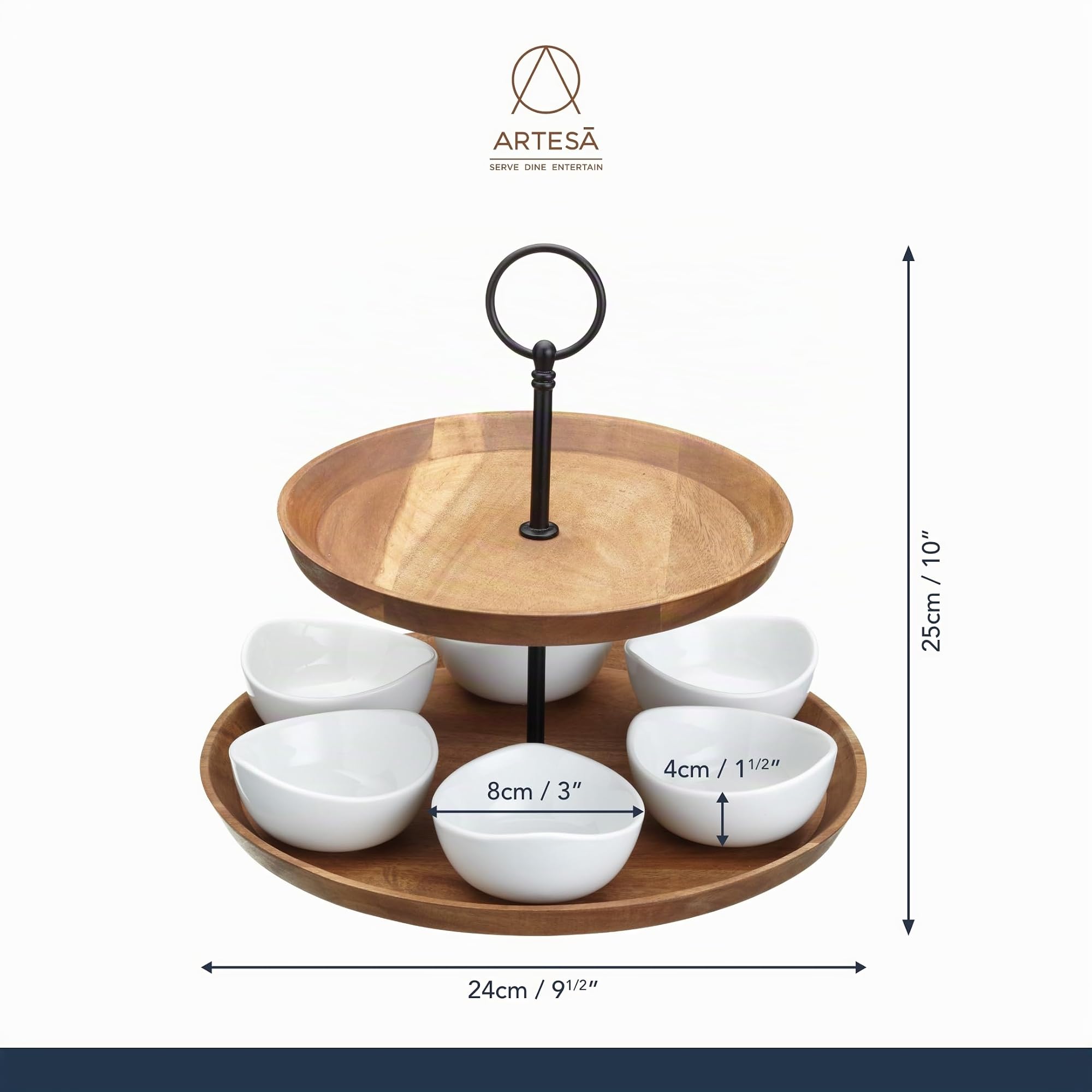 Artesà Expositor de 2 Pisos para Tapas y Comida, Expositor de Alimentos con 6 Mini Cuencos de Porcelana, Soporte para Tartas de Madera Acabado a Mano en Caja de Regalo, 24 x 25 cm, Marrón y Negro