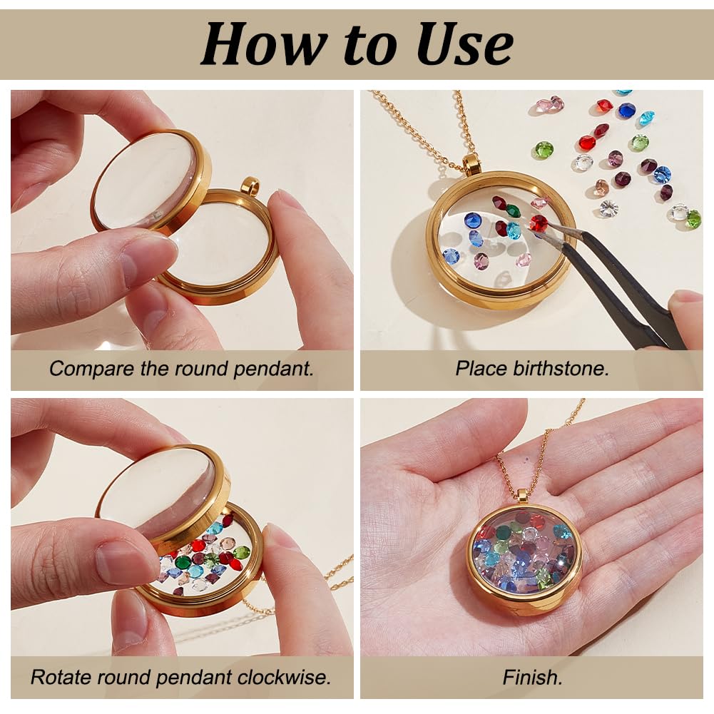 PLIGREAT 2 Stück Lebende Schwebende Erinnerungskette Rundes Edelstahl Medaillon Mit Strasssteinen Ketten Und Glas Fotoanhängern (Größe 2) – ideal Für Damen Und Zum Selbermachen von Schmuck. Gold