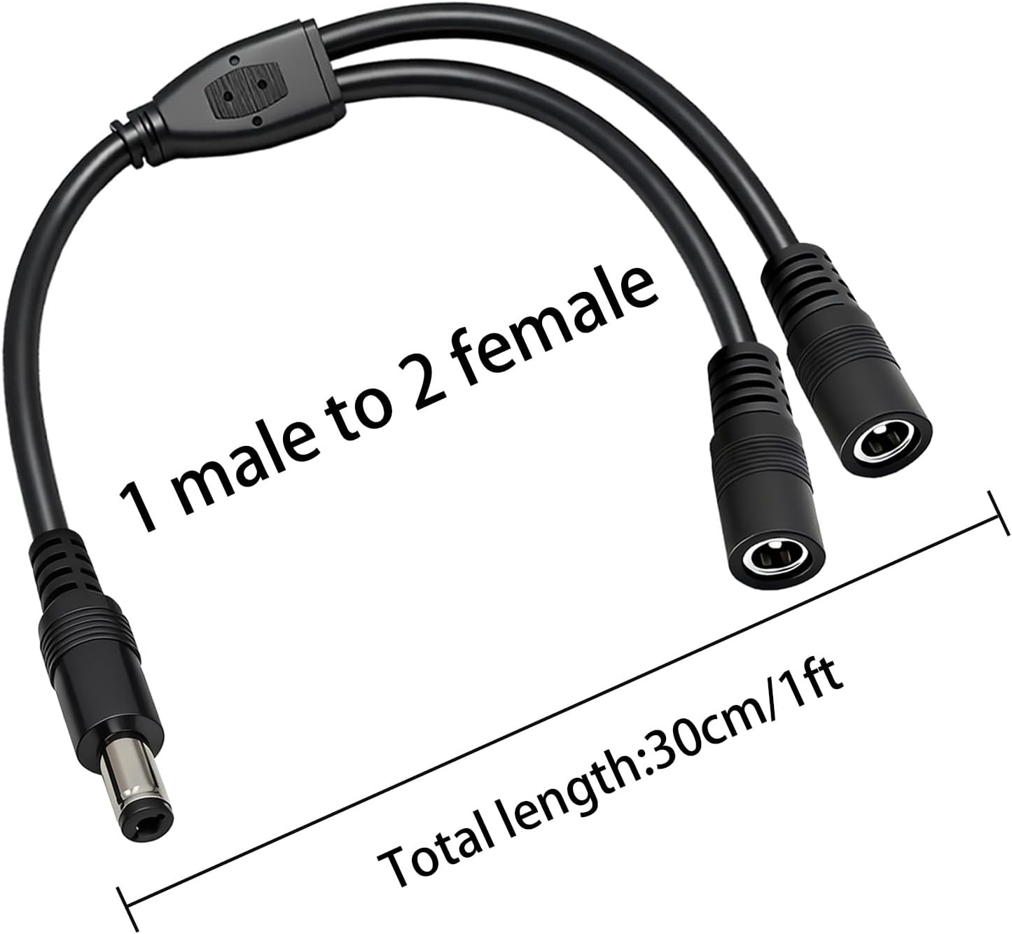 3-Pack 18AWG DC 5.5mm x 2.1mm 12V/24V DC Power Splitter Cable, 1 Male to 2 Female for CCTV Surveillance Cameras, LED Light Strips, and Other Devices with Single Input and Dual Output Power Supply.