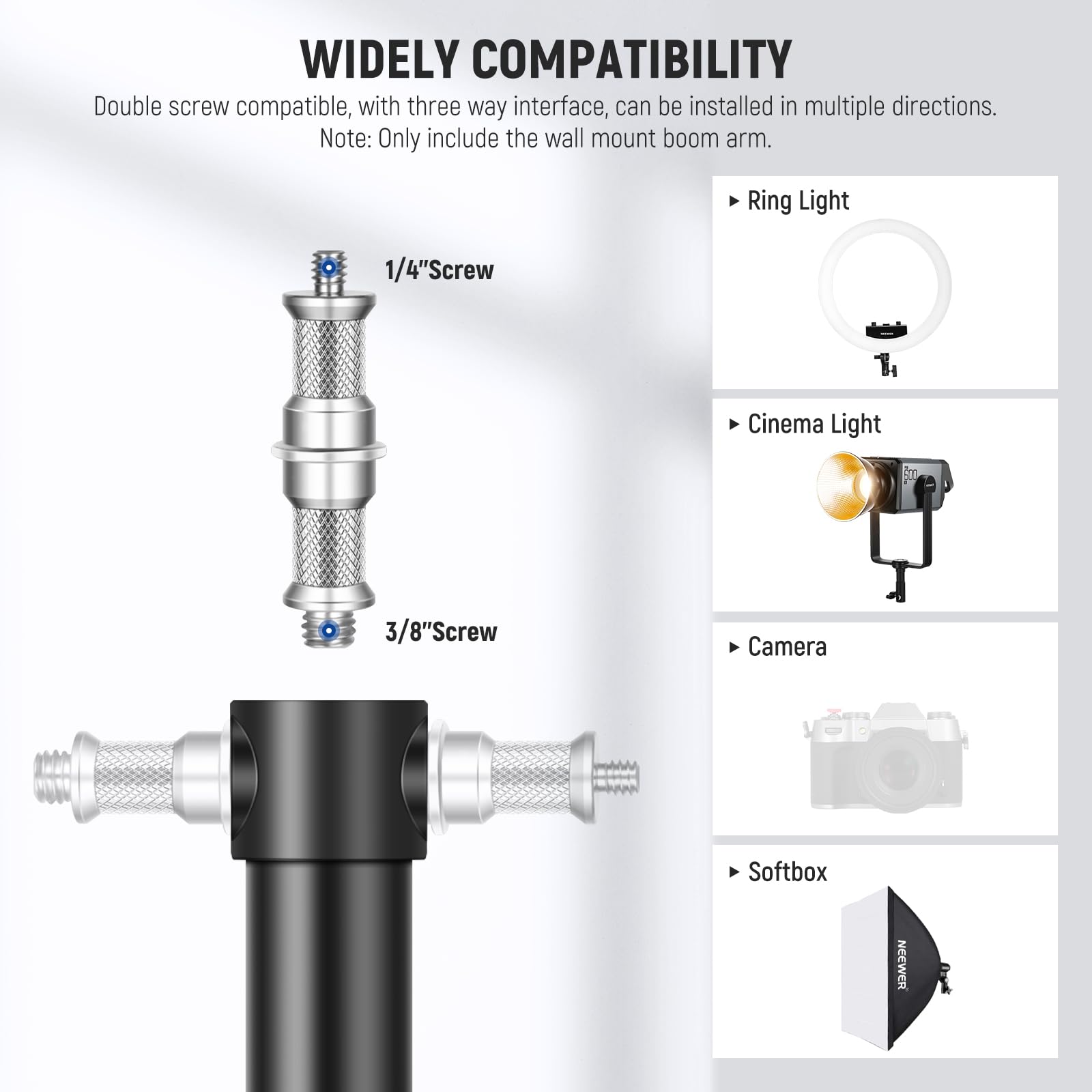 Wysięgnik ścienny do lampy pierścieniowej NEEWER, 55-116 cm, obrotowy 180°, trójkątny uchwyt ścienny do fotografii, lampa błyskowa, monolight, softbox, parasol, reflektor, aluminium, udźwig 3 kg