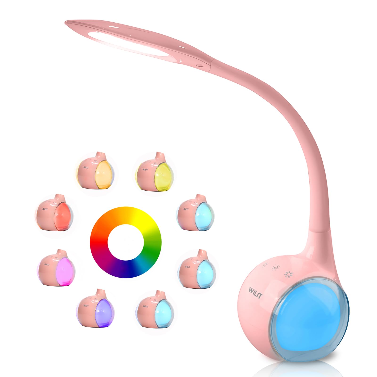 WILIT - Lámpara de escritorio infantil con RGB color de noche LED, lámpara de noche regulable, lámpara LED táctil con luz de color y 3 niveles de brillo, rosa