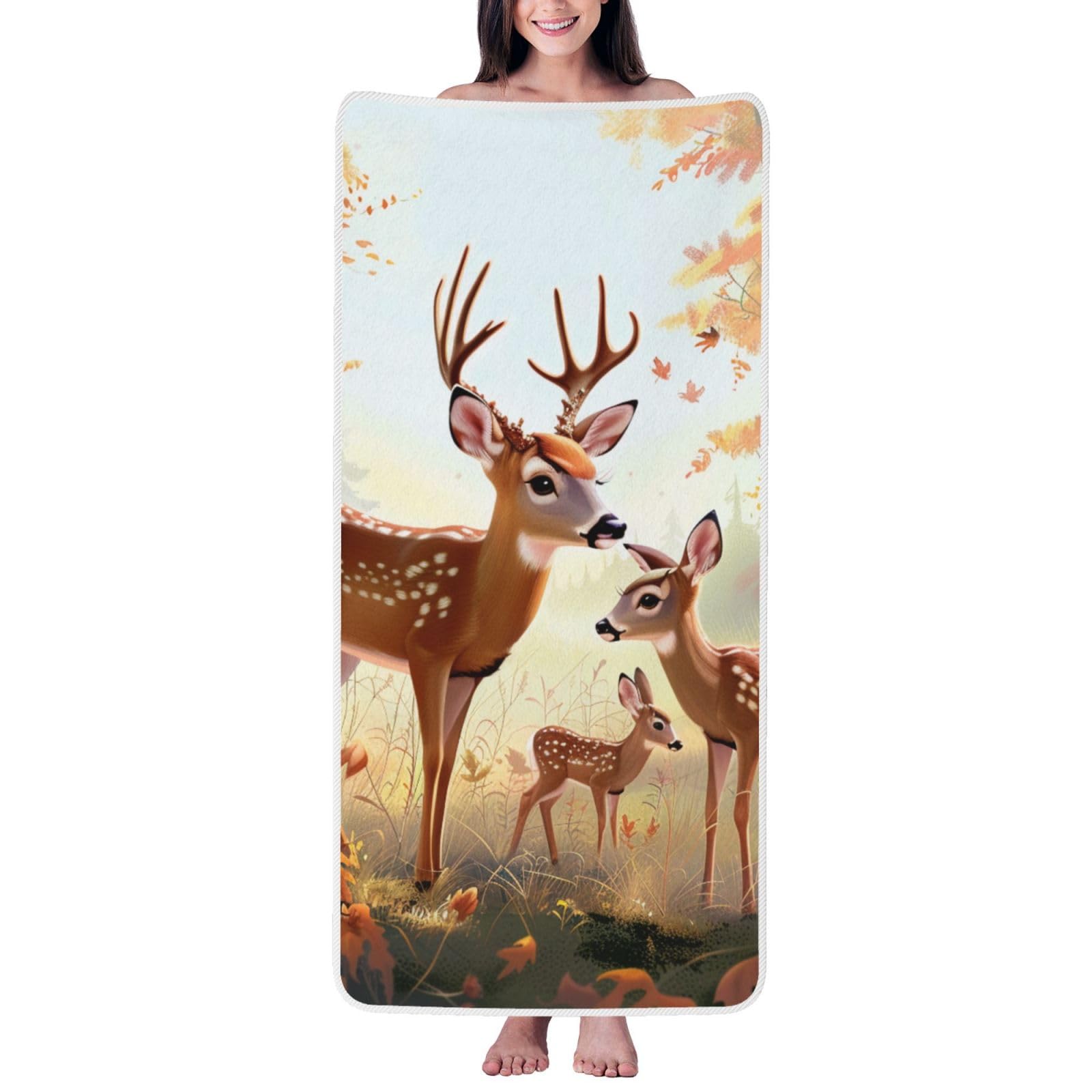 WPKJU Cute Deers Printed Bath Towel with White Edging - 27x55 in Soft Extra Absorbent Coral Velvet Shower Towels for Bathroom