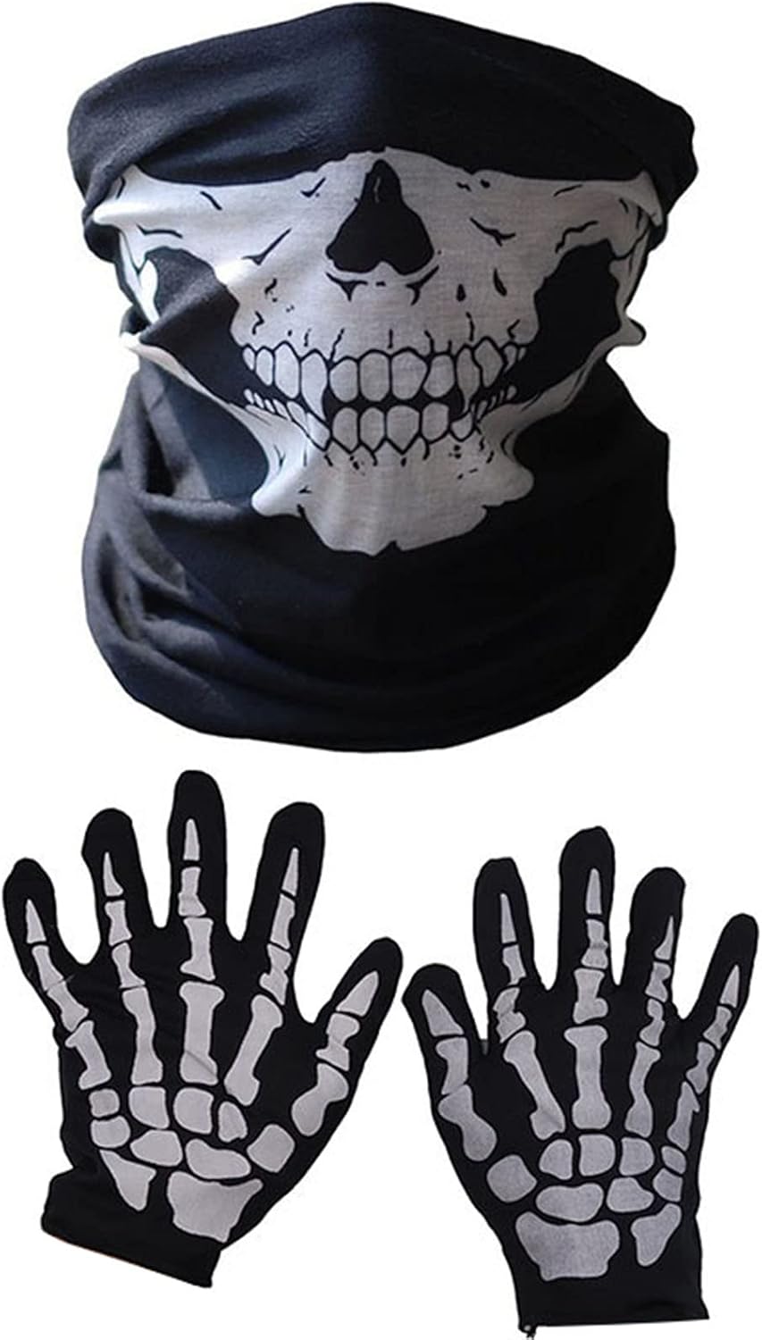 Halloween Skeleton Gloves and Skull Face Mask Set Indoor Outdoor Party Face Cover Scary Horror Atmosphere Props Gift