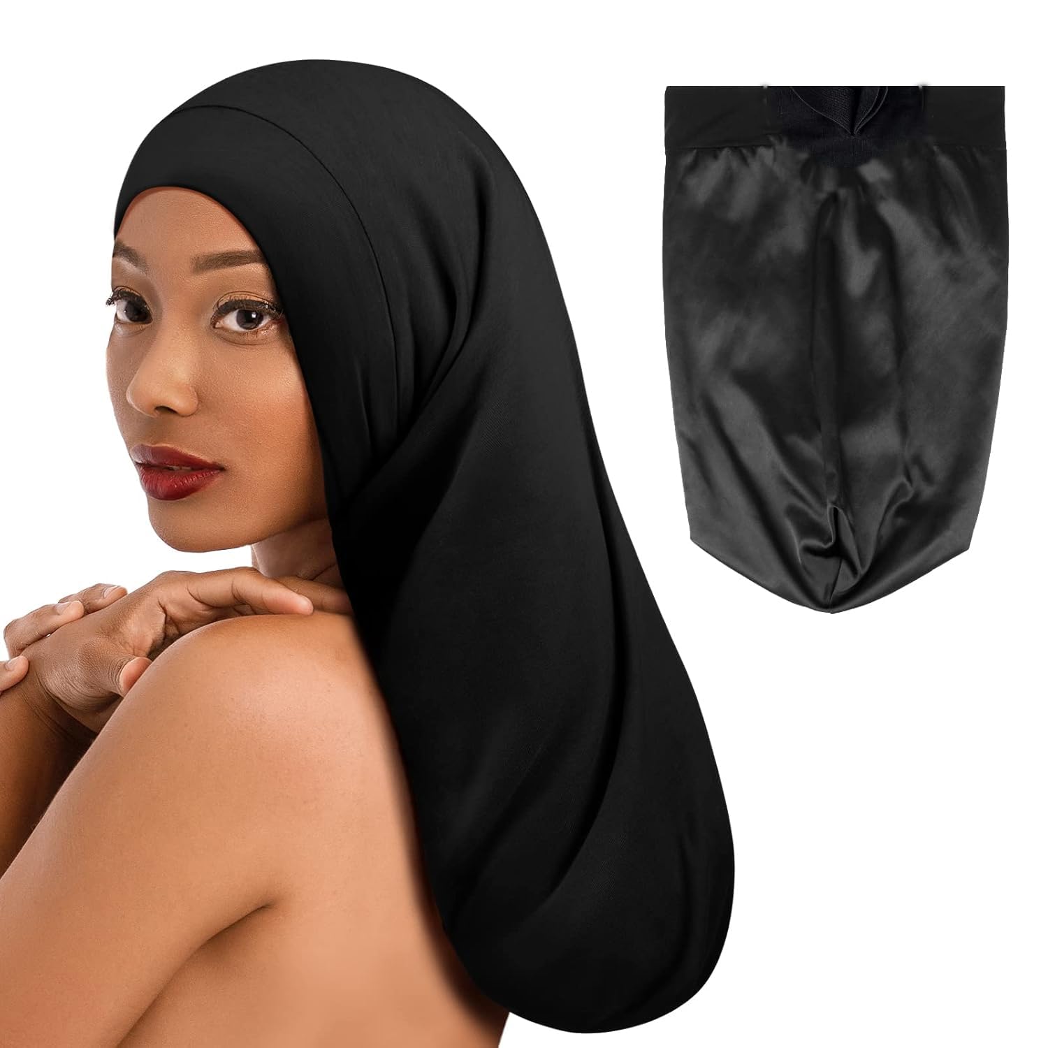 Long Hair Bonnet-Hair Wrap Net for Silk Press Set Braid Bonnet for Sleeping Extra Long Wrap Cap 2 Piece Set Anti Frizz Reusable Elastic Shower Cap for Braids, Curly(black net, gold bonnet)