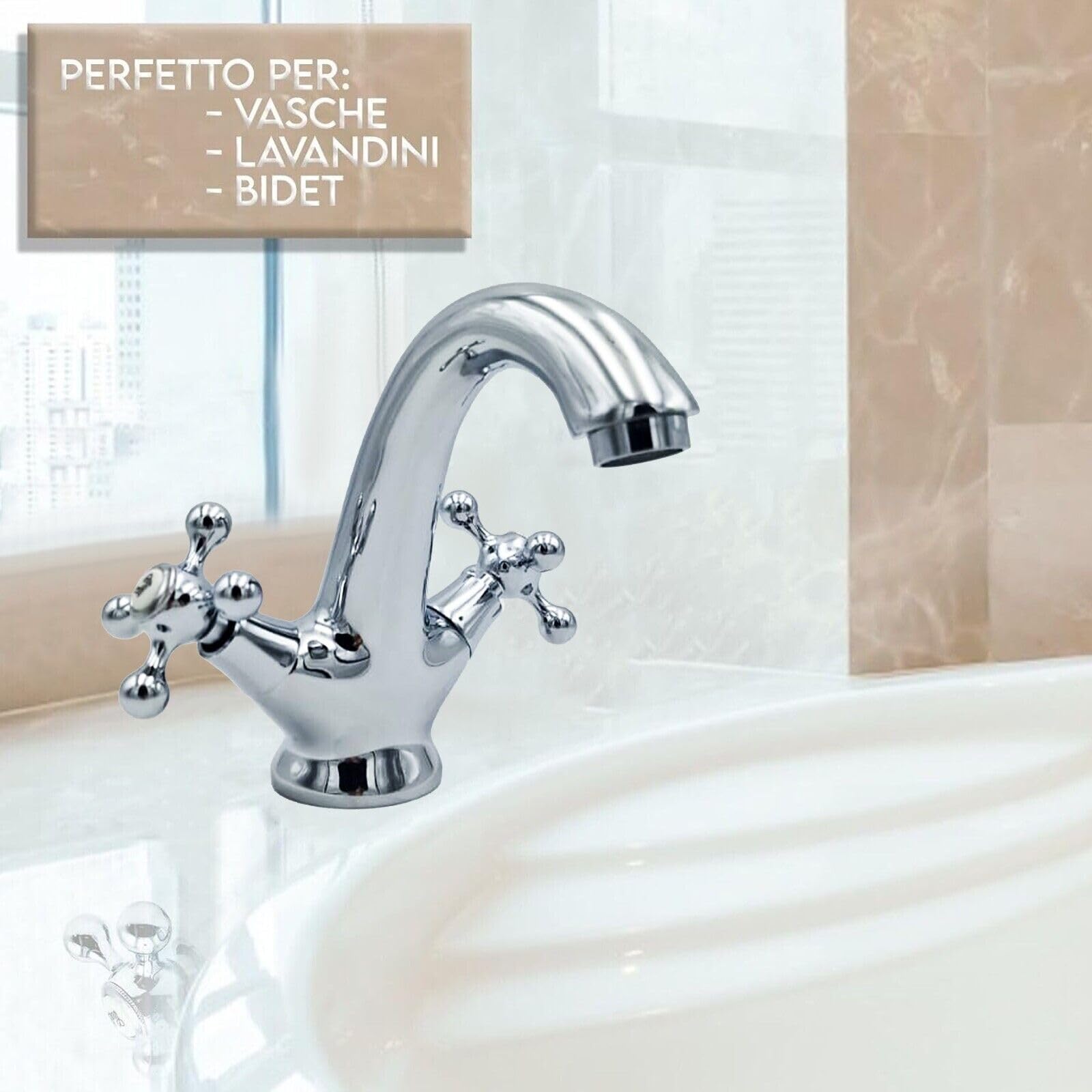 Rubinetto Lavabo Bagno con Valvola Piletta Poup Up Universale per Scarico Lavandino Miscelatore 2 Comandi Manopole a Fiore Vintage Retro bidè Cromato - Argento (2 Manopole)