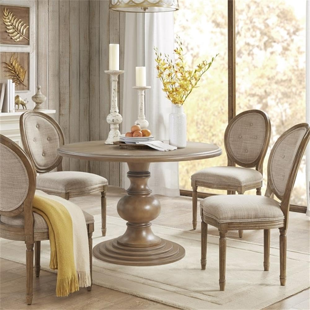 Pemberly Row Round Farmhouse Wood Pedestal Dining Table, Walnut Finish, 46"Dia x 30"H, Diamond-Patterned Veneer Top, Turned Base, Rustic Kitchen or Dining Room Table for Everyday or Special Gatherings