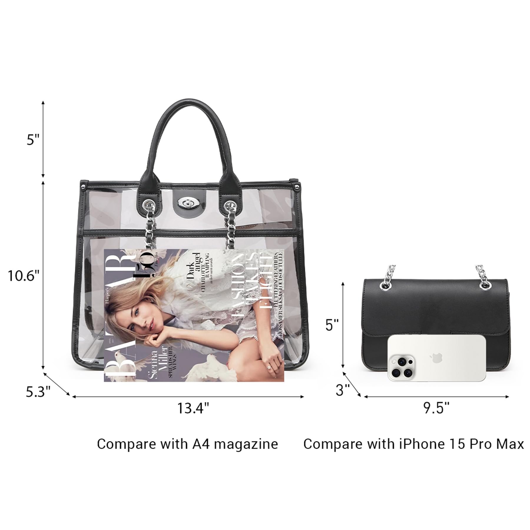 Bolsa grande transparente aprobada para estadios, bolsa transparente para eventos de estadio, bolsa cruzada 2 en 1 para trabajo de hombro, Negro -, L 4