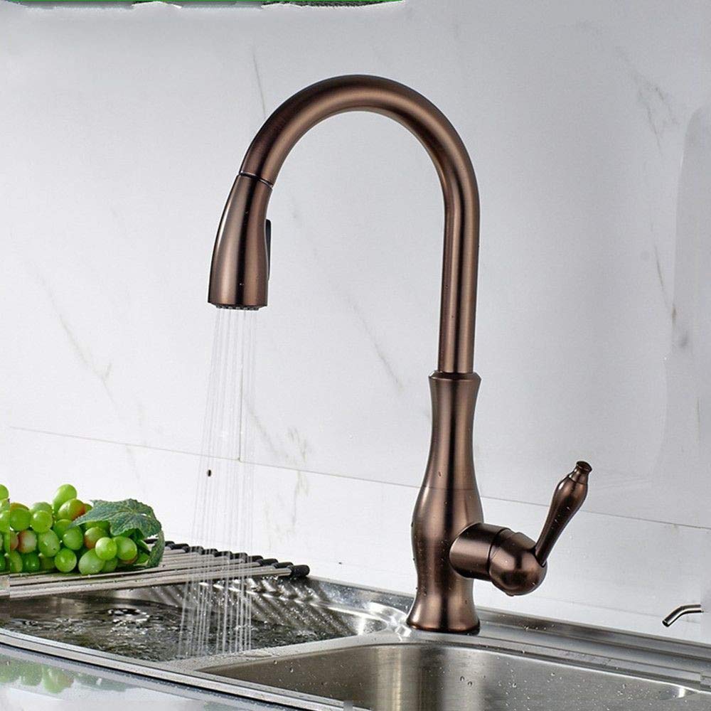 Todo El Grifo De La Cocina De Cobre Rojo Marrón Único Orificio De Caliente Y Frío Del Grifo Del Mezclador Se Puede Girar Y Sacó La Cabeza De Spray De Cocina Grifo Del Fregadero.