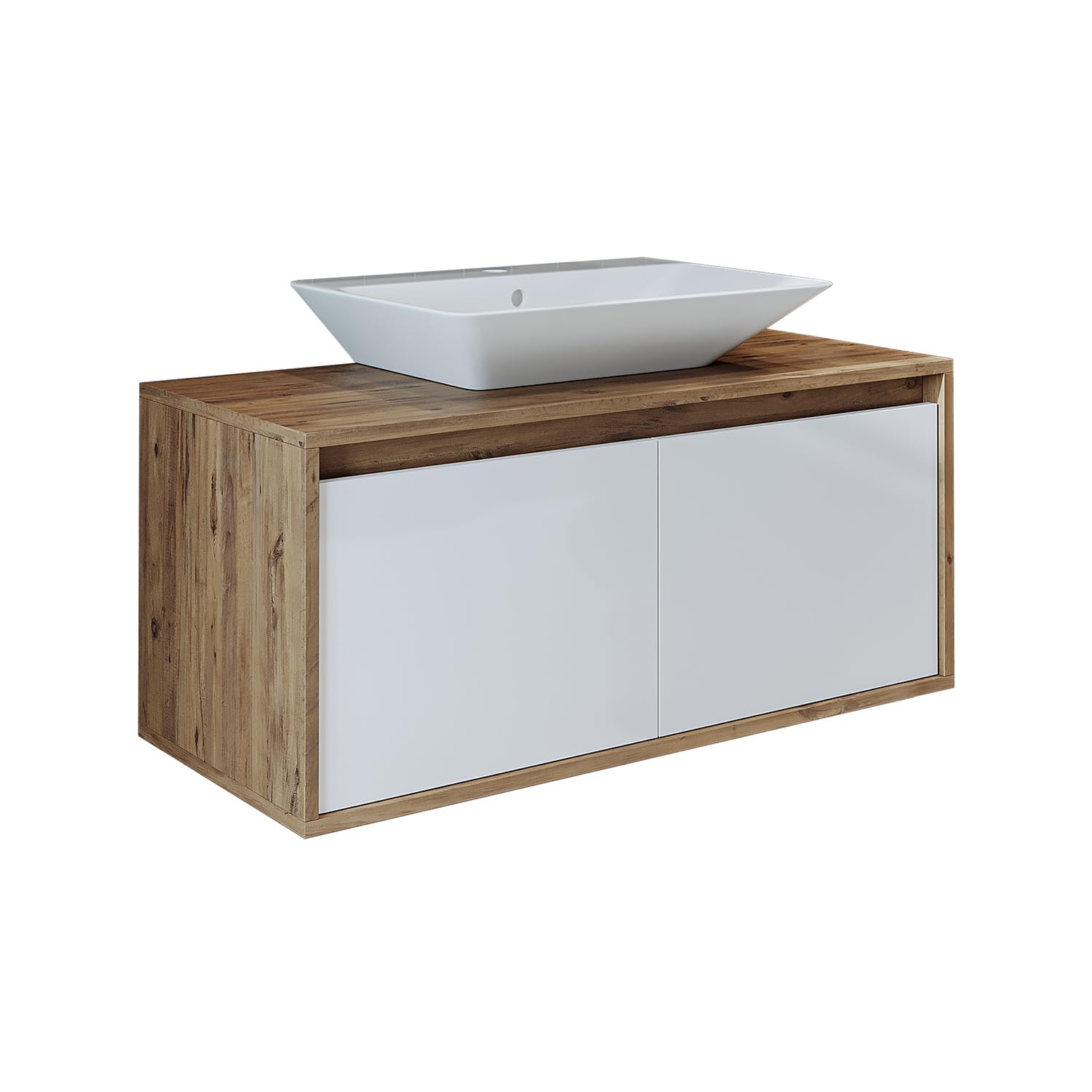 Roomart, Atlantic, armadietto da 100 cm con lavabo in ceramica, set di mobili da bagno, 4 pezzi, armadietto a specchio, armadio alto (rovere bianco)