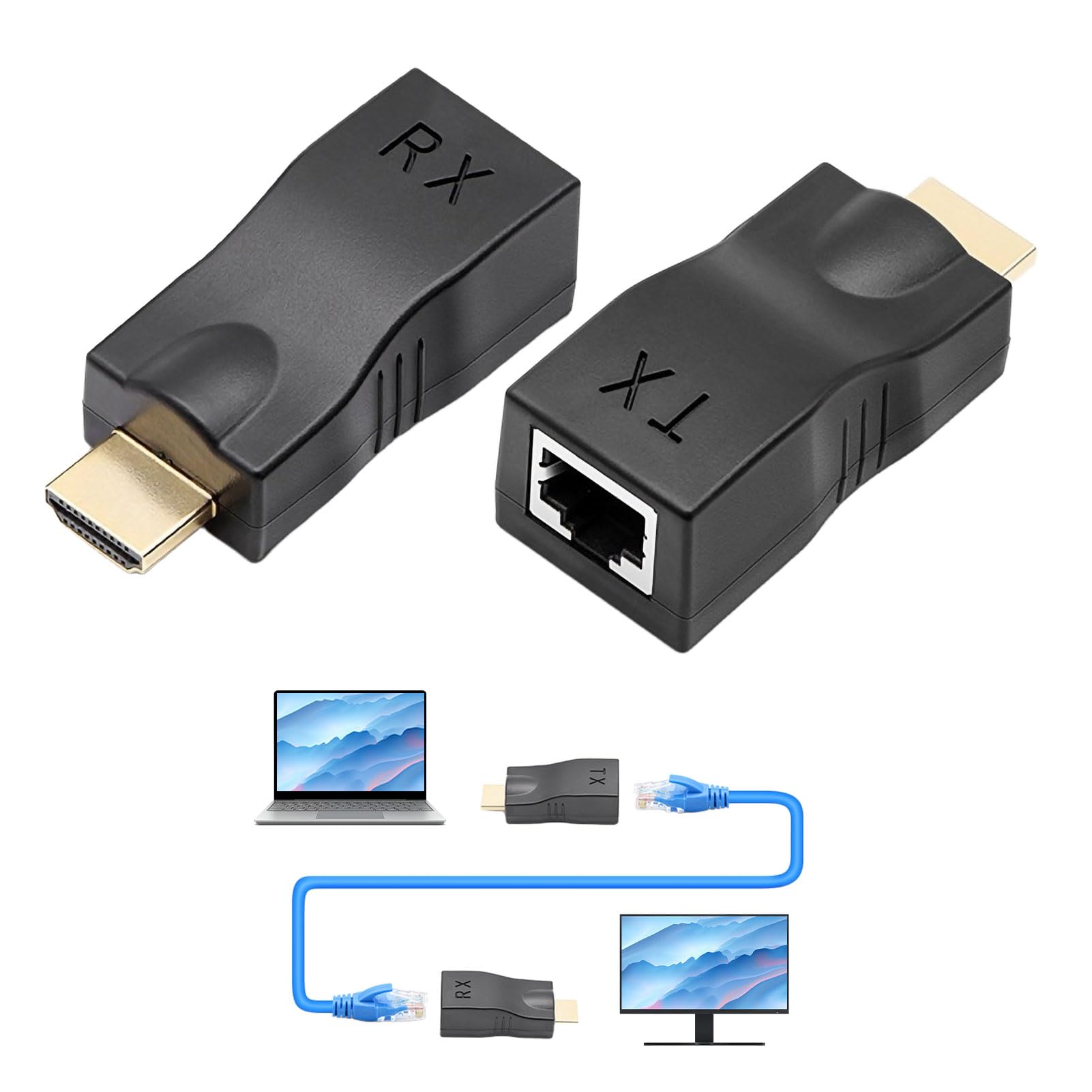 Adaptateur RJ45 HDMI, 2 pièces Convertisseur HDMI Réseau, Convertisseur HD MI Ethernet, Distance d'Application Jusqu'à 30 m, Ne Prend pour Pas en Charge Le Protocole HDCP, pour Hôtel, Conférence.
