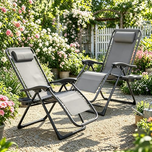 Gotland 2026 Zero Gravity Liegestuhl Garten Chairs 2er-Set Relaxsessel Garten mit Getränkehalter verstellbarem Kissen & Seitentablett Verstellbarer Klapp-Sonnenliege für Außen Gartenliegestuhl