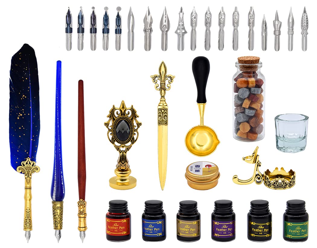 XIAOYU Set di penne per calligrafia antiche e penne a penna per principianti, penna per calligrafia, in legno, per scrittura, disegno, firma, matrimonio, compleanno, blu