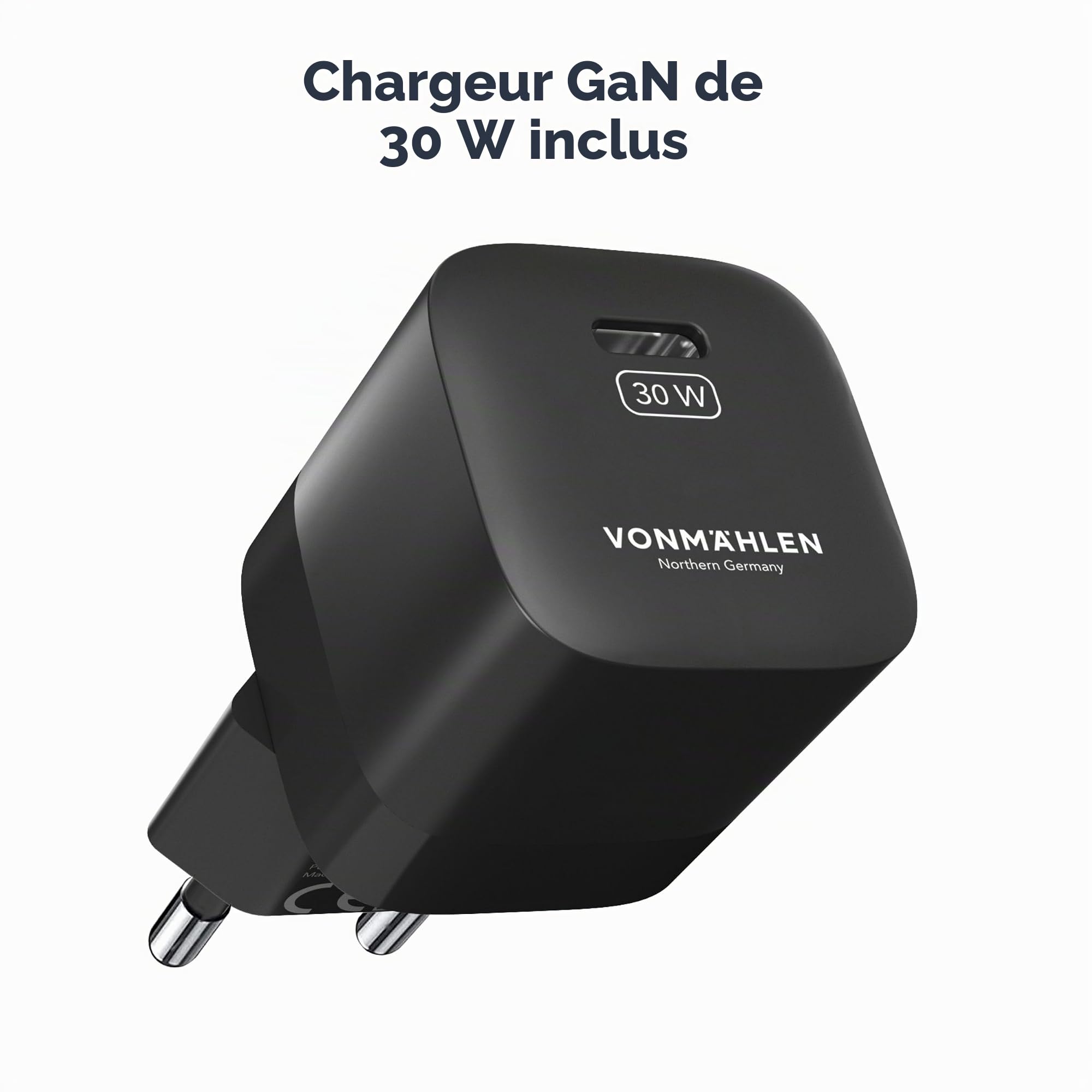 VONMÄHLEN allroundo GaN - Chargeur rapide 30 W avec technologie GaN, compatibilité USB-C universelle, étui de voyage inclus - Noir