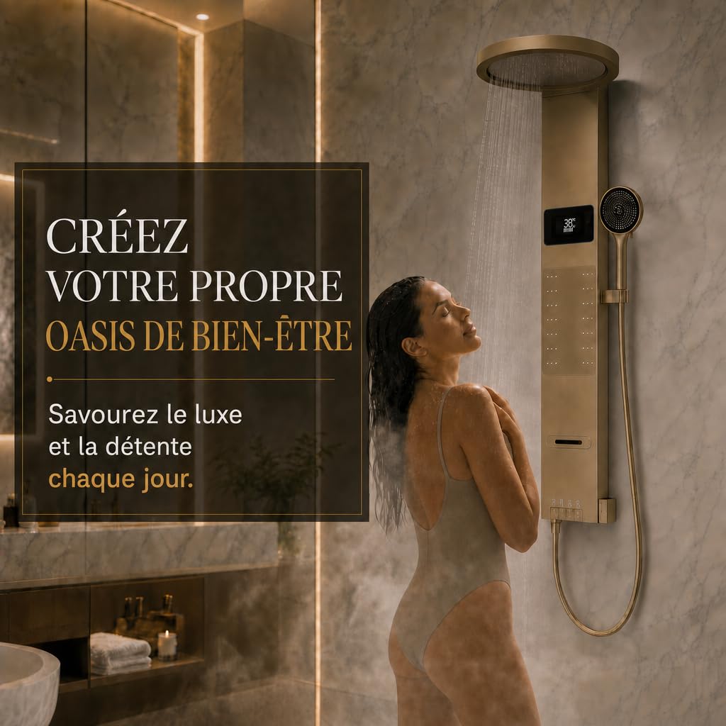INEX EUROPA Colonne de douche thermostatique de luxe, couleur or - Hydromassage - Garantie 10 ans - 4 modes de fonctionnement - Hauteur : 105 cm - Collection Daytona