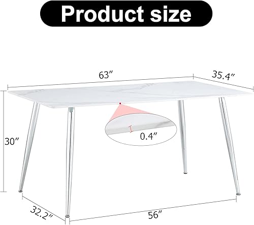 Miniatura 2 de Rophefx Mesa de comedor blanca de 63 pulgadas para 6-8 pulgadas, mesa de cocina moderna con acabado de mármol blanco, patas de metal plateado, mesa
