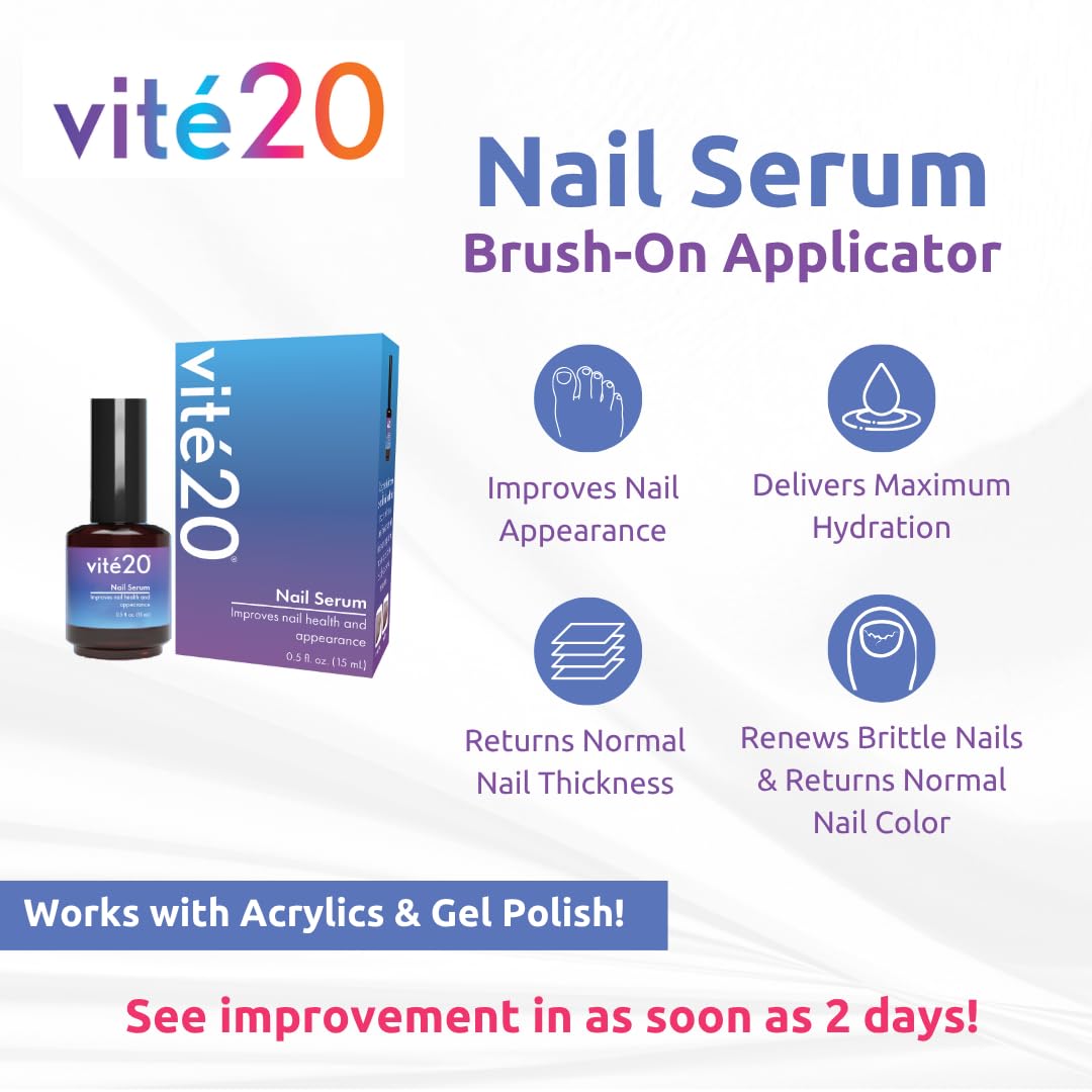 VITÉ20 Nail Health Serum – Improves Nail Appearance for Discoloration, Thick, Brittle & Cracking Nails – Moisturizes & Conditions – Easy Brush-On Applicator for Fingernails & Toenails – 0.5 fl oz