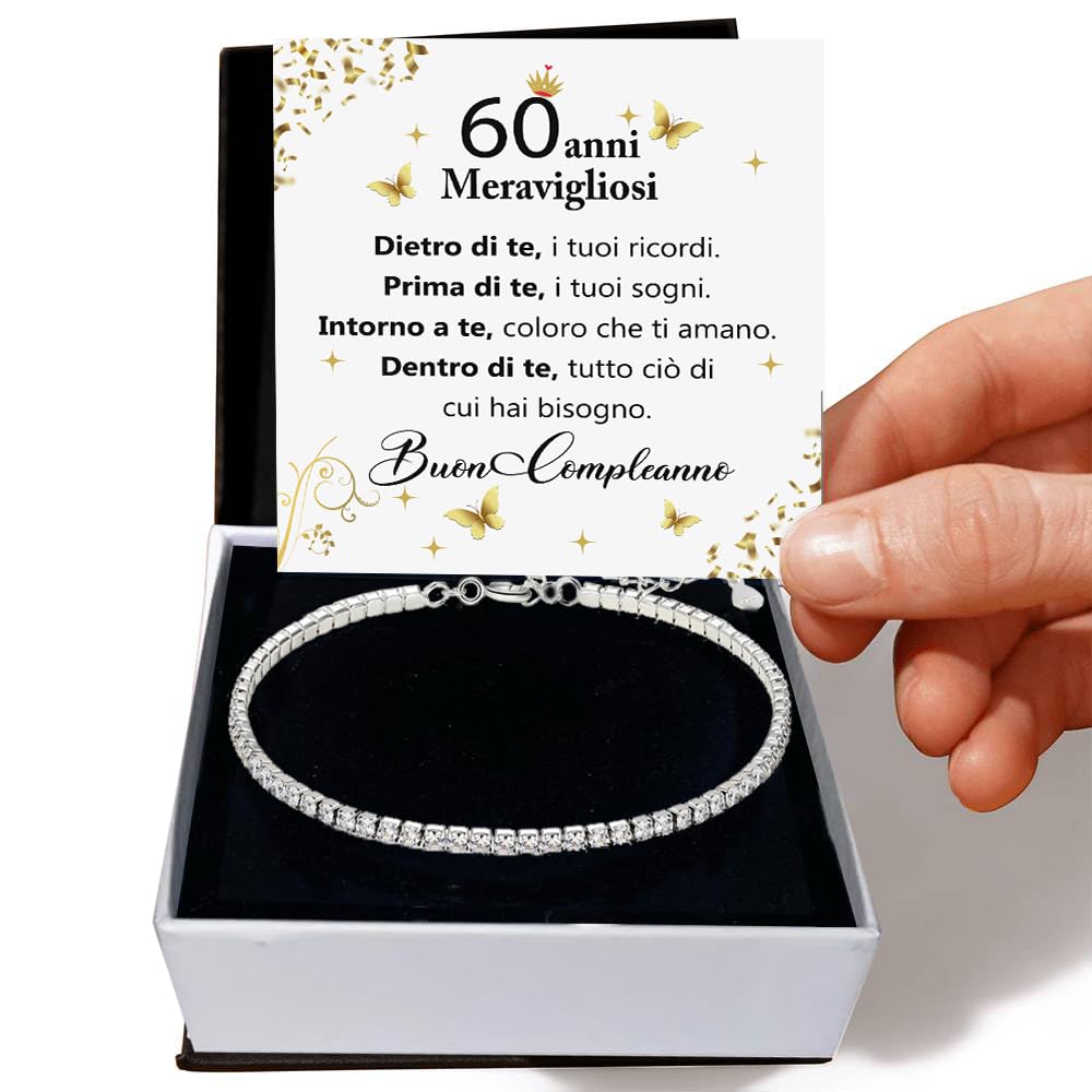 Bracciale Tennis Idea Regalo Compleanno Donna con Pietre di Zirconia Cubica per lei Finitura in Oro Bianco Argento 925 Natale Evento - Cofanetto con DEDICA incluso.