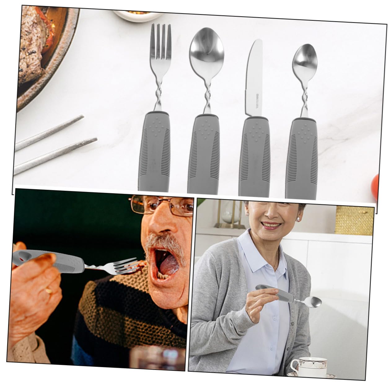 Cubiertos Adaptativos Antitemblor para Ancianos Mango Ergonómico Flexible de Gris Utensilios de Rehabilitación para Personas con Movilidad Reducida para Comer Interiores