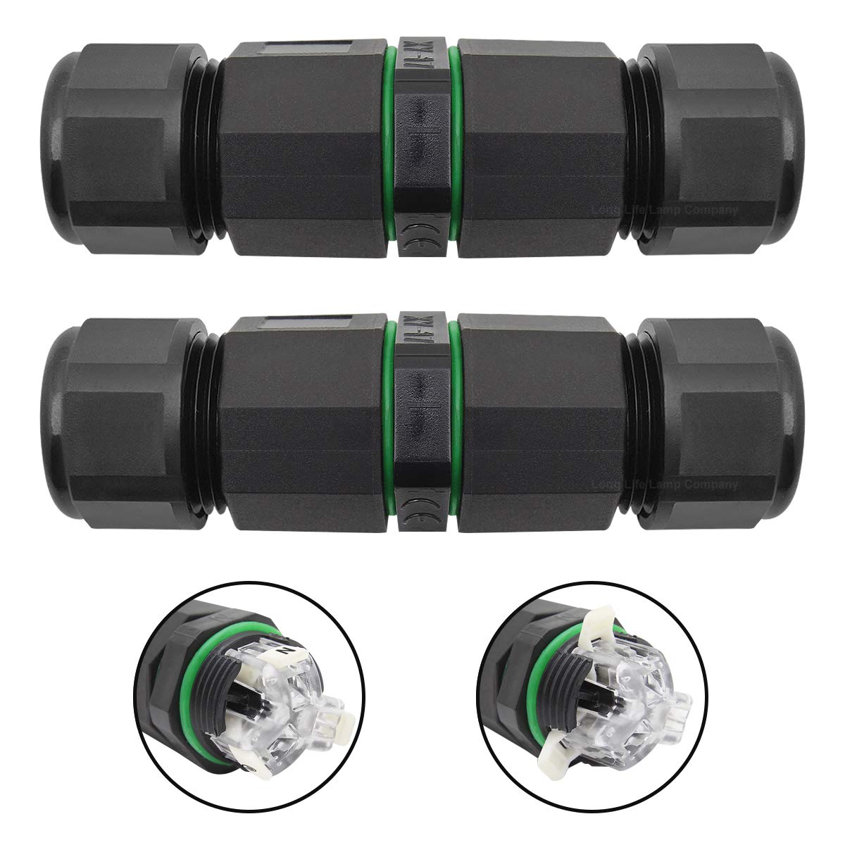 Mega Socket Black 2 X Exterior Ip68 Waterproof Cable Connector Junction Box 3 Pole, Push Clip, Non Screw, External Coupler Sleeve Qcs2