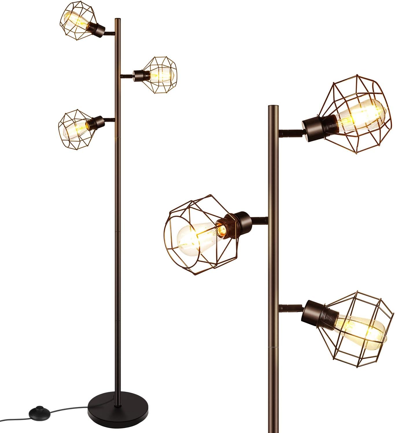 LED Industrial Floor Lamp, Standing Lamp with 3 Adjustable Heads, Tree Floor Lamp, Rustic Floor Lamp, Farmhouse Tall Stand Up Lamps for Living Room, Bedroom, Office, 3 Vintage LED Bulbs Included