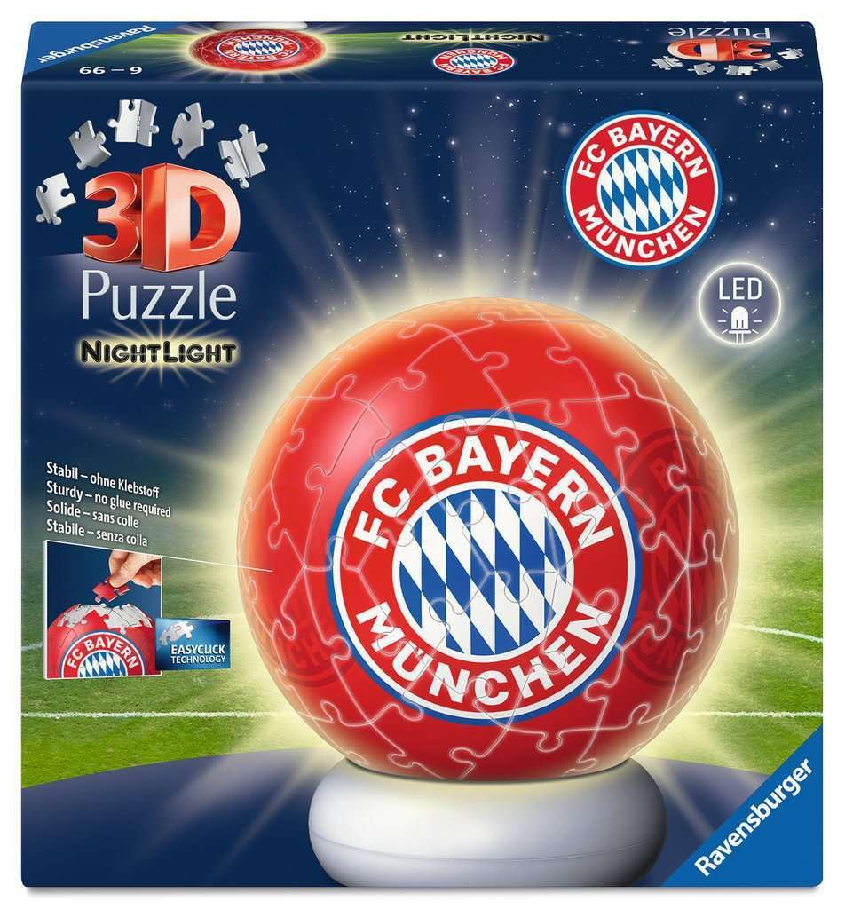 Ravensburger 3D Puzzle Nachtlicht FC Bayern München - Puzzle-Ball mit LED Nachtlicht als Nachttischlampe für Kinder ab 6 Jahren