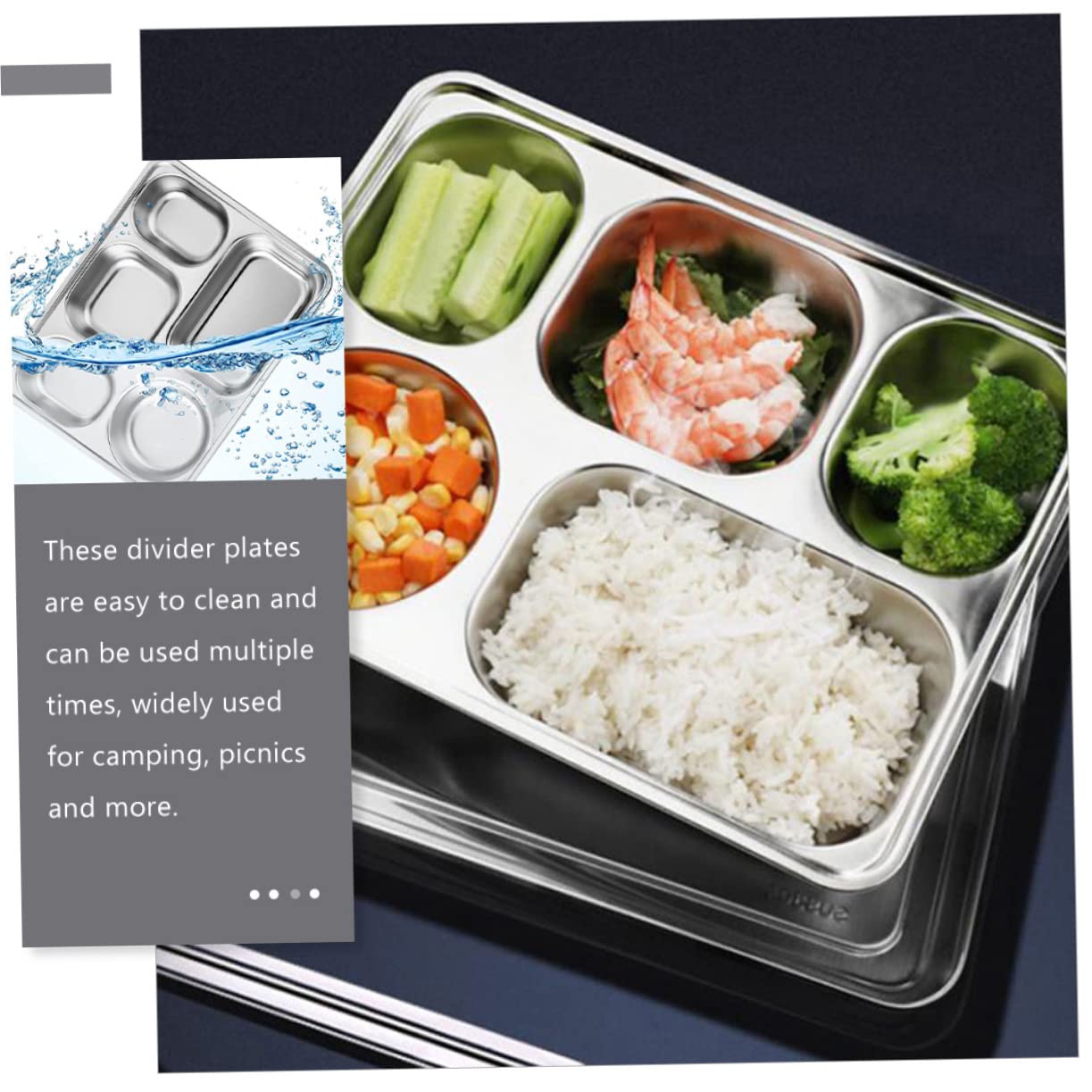 Lot de 3 Assiettes Repas en Acier Inoxydable à Trois Compartiments
