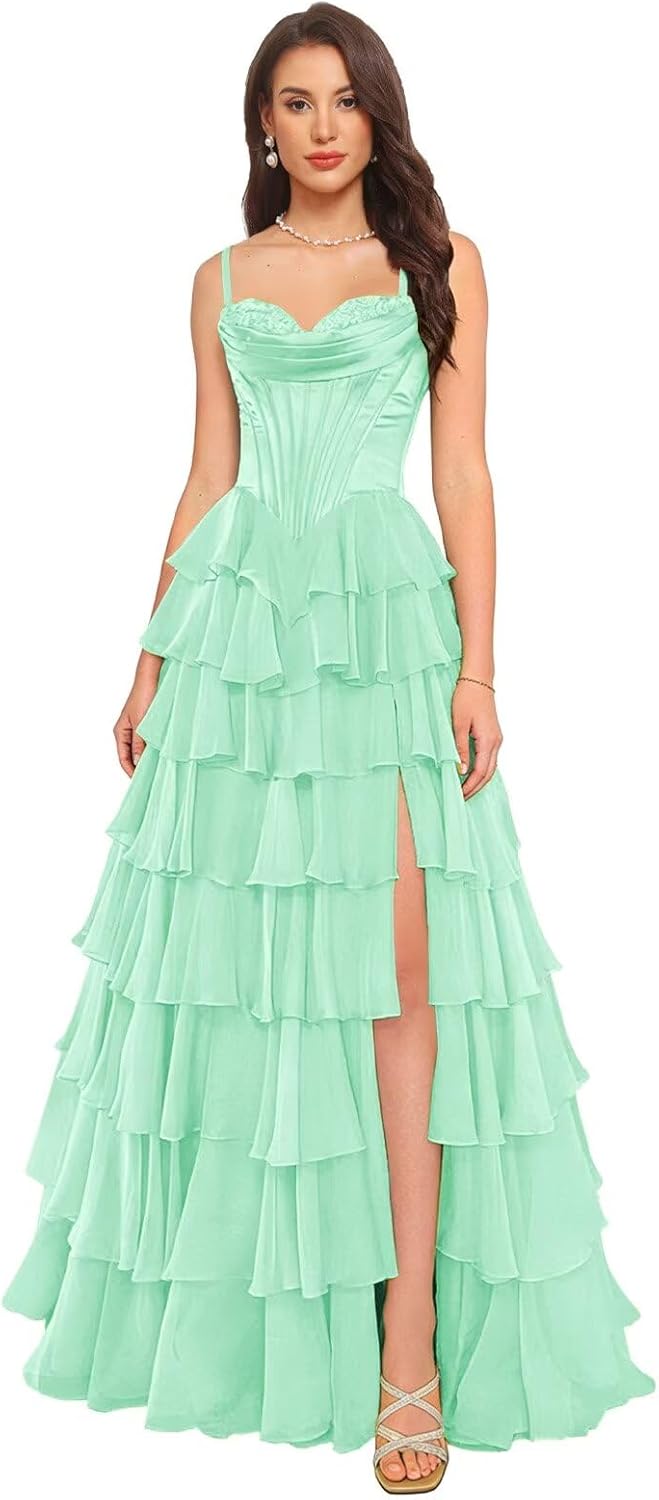 Tiered Ruffles Prom Dresses for Women Sleeveless Corset Long Evening Party Dress with Side Split Chiffon Formal CSM75