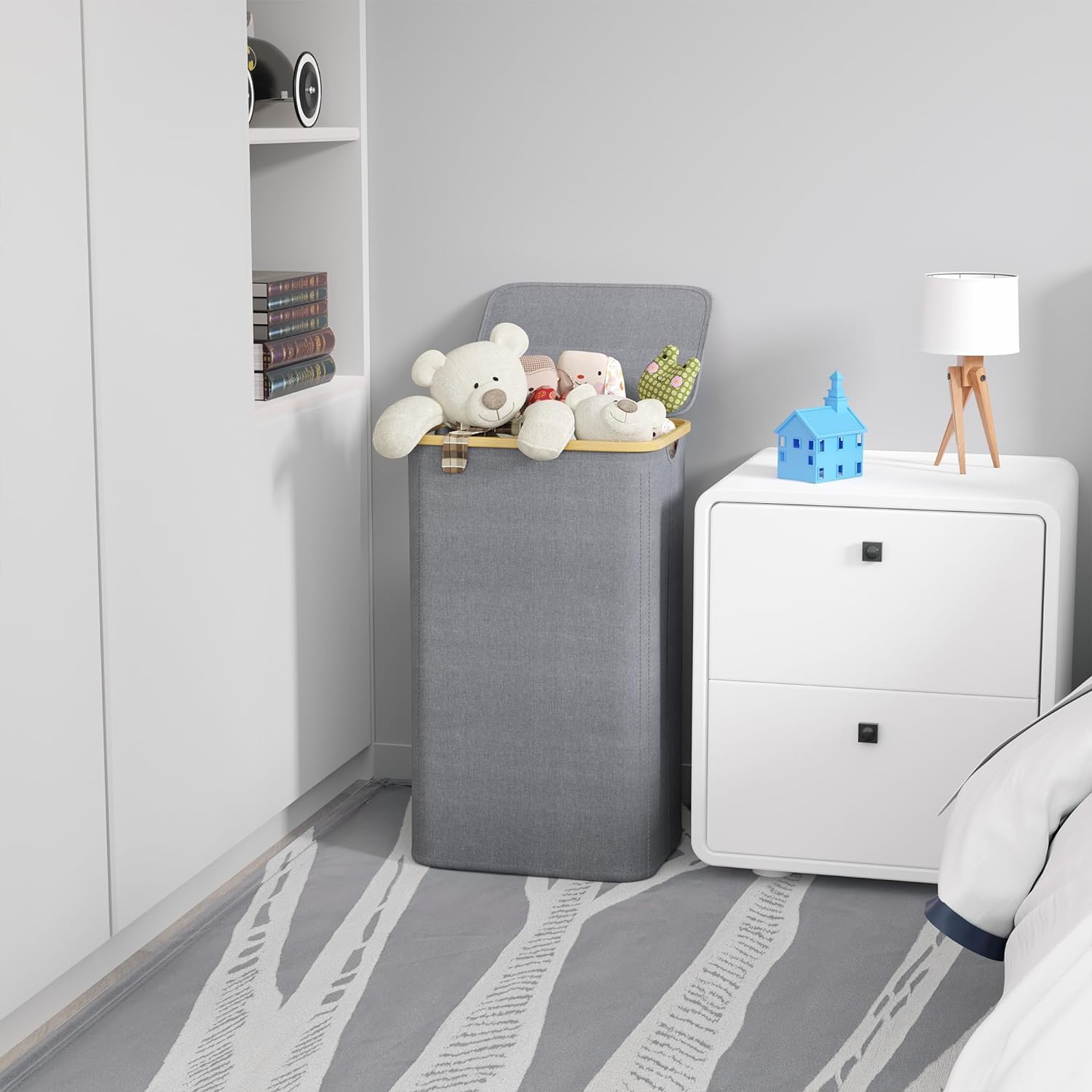 Cesto Ropa Hamper Cesto Plegable para La Colada con Tapa, Cesta para Ropa Asas De Bambú para Dormitorio, Baño, Cuarto Lavado Accesorio Lavandería(Gray)