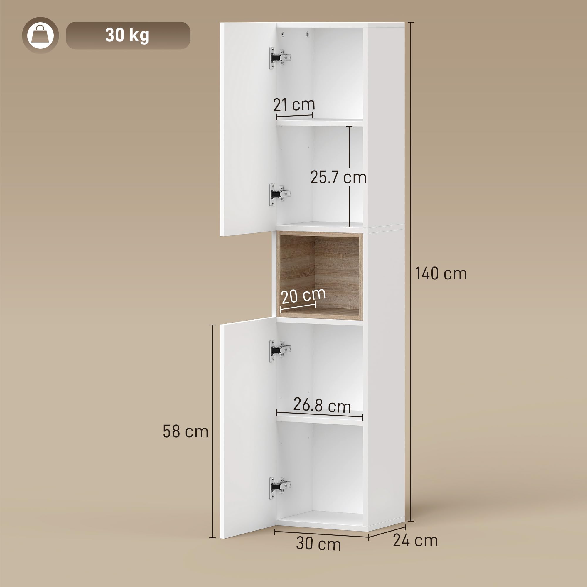 HOMCOM Colonna Bagno con 2 Armadietti e Ripiano Aperto, Mobile Bagno con Ripiani Regolabili su 3 Livelli per Soggiorno, 30x24x140 cm, Bianco e color Legno