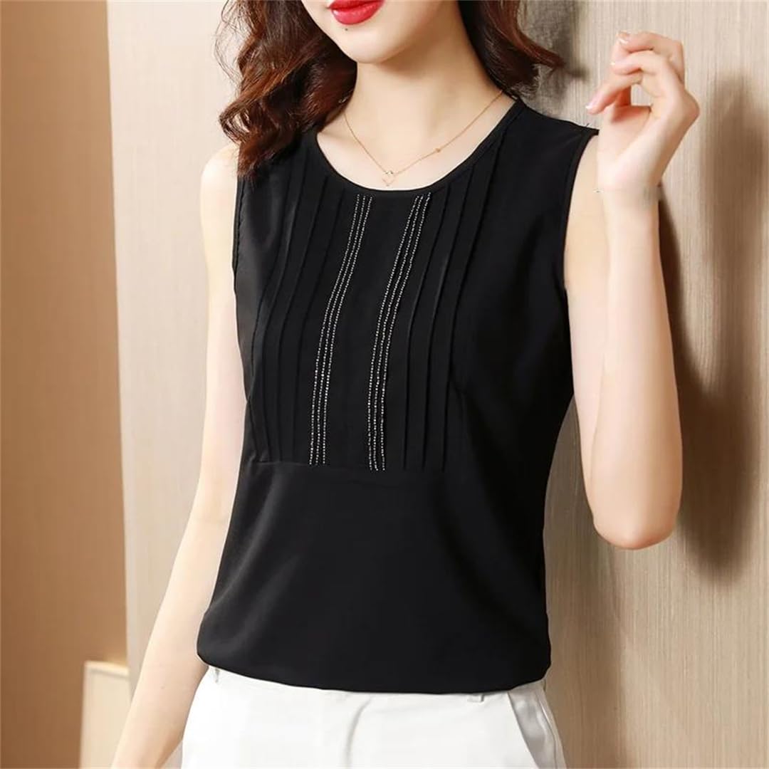 Canottiera da donna in chiffon, con scollo rotondo, senza maniche