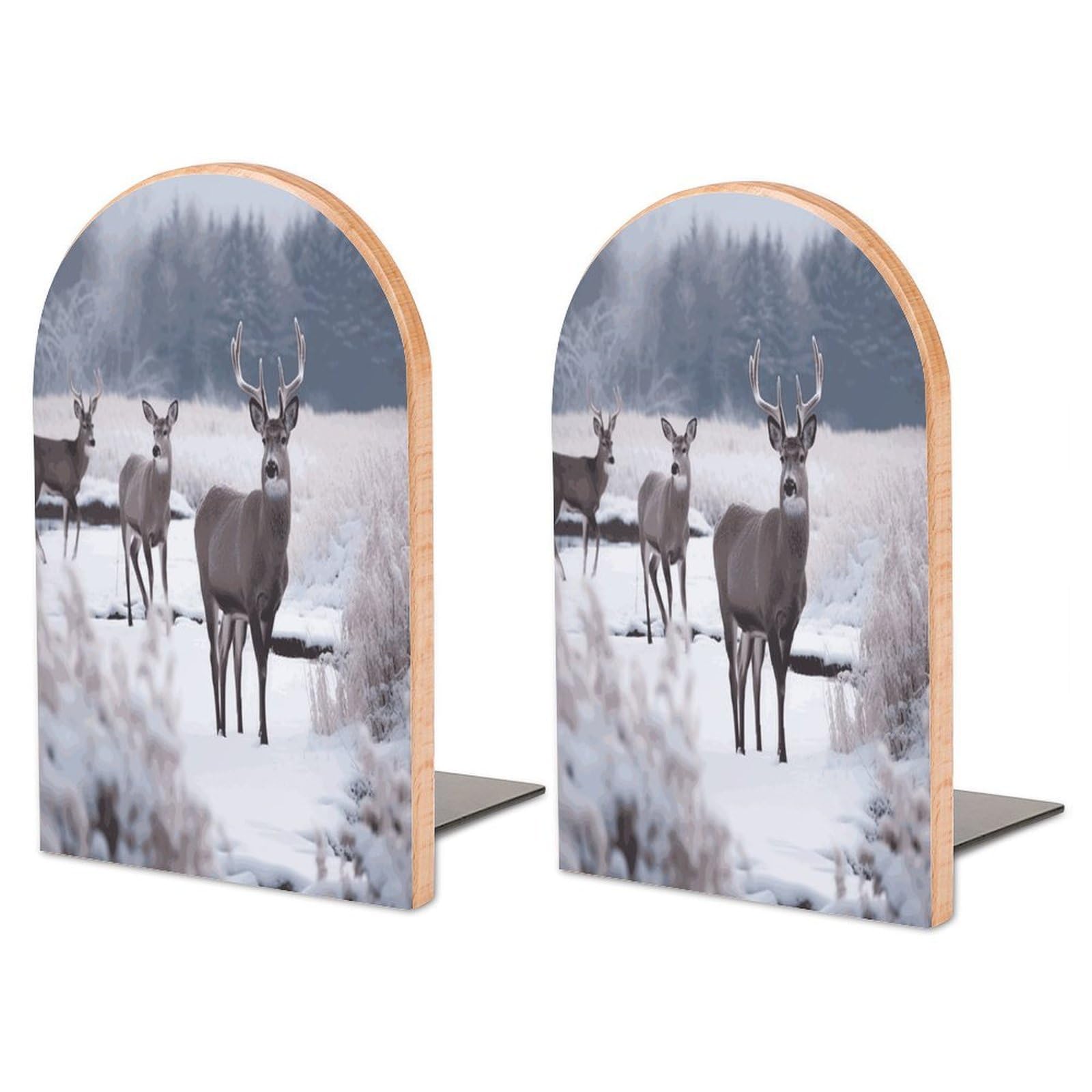 Non-Slip Bookend for Shelves Deer on Frozen Wilderness Wooden Bookends with Metal Base Decorative Book Stopper for Home Heavy Duty Wood Book Storage for Books/CDs