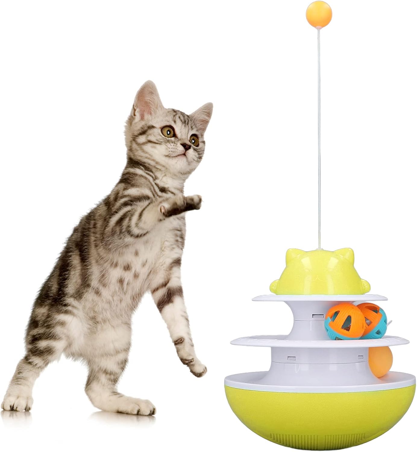 Double Track Cat Toy, Rolling Balls, Catnip and Glitter Balls, Multi Level Climbing, Reduces Anxiety, Non, for Kittens and Cats (Yellow)