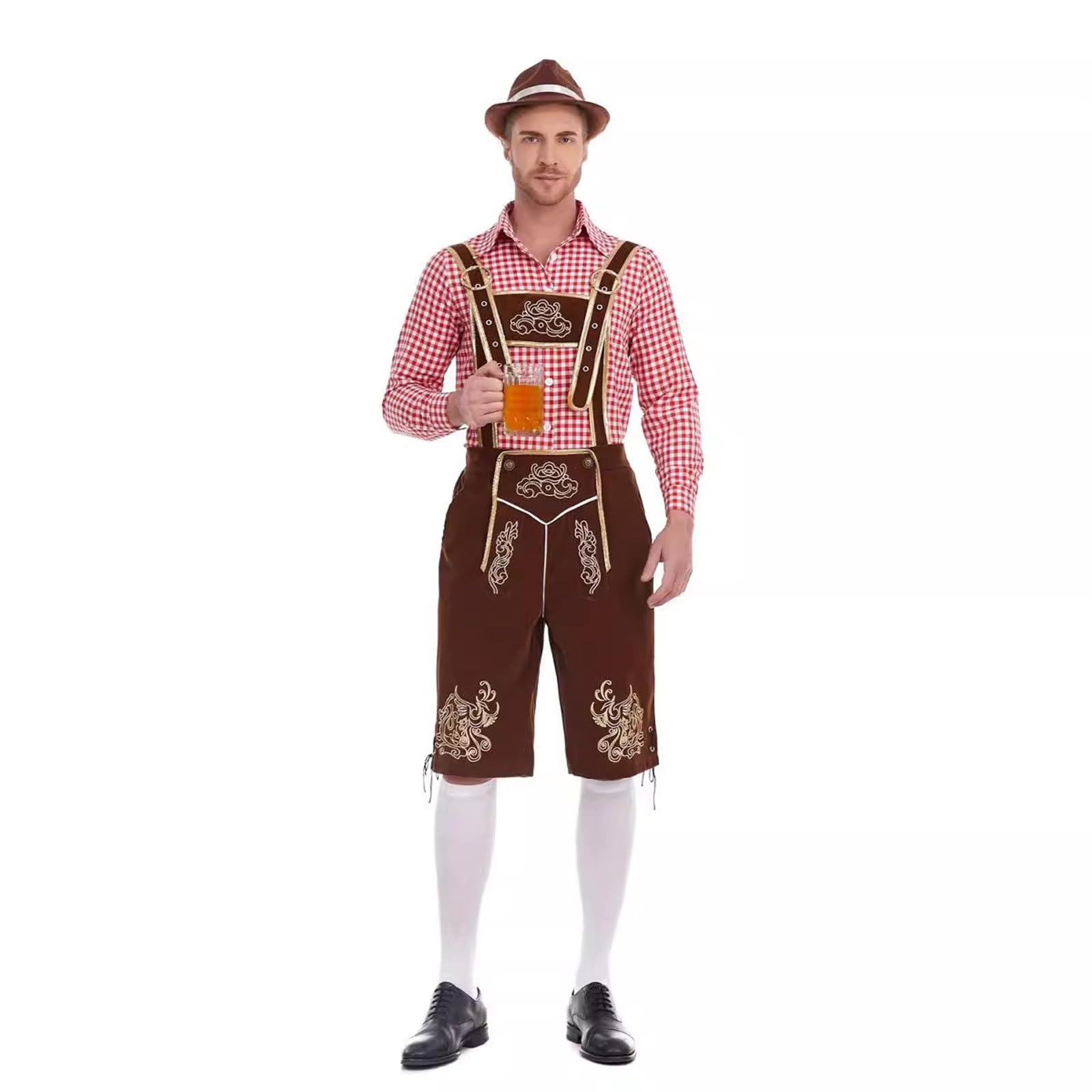 Lederhose Herren Tracht Set Kurz, Lederhose Herren Tracht, 2-Teilig Trachten Lederhose + Trachtenhemd Männer Trachtenhose M.träger Kariertes Deutsches Bayerisches Oktoberfest-Kostüm Set Für Herren
