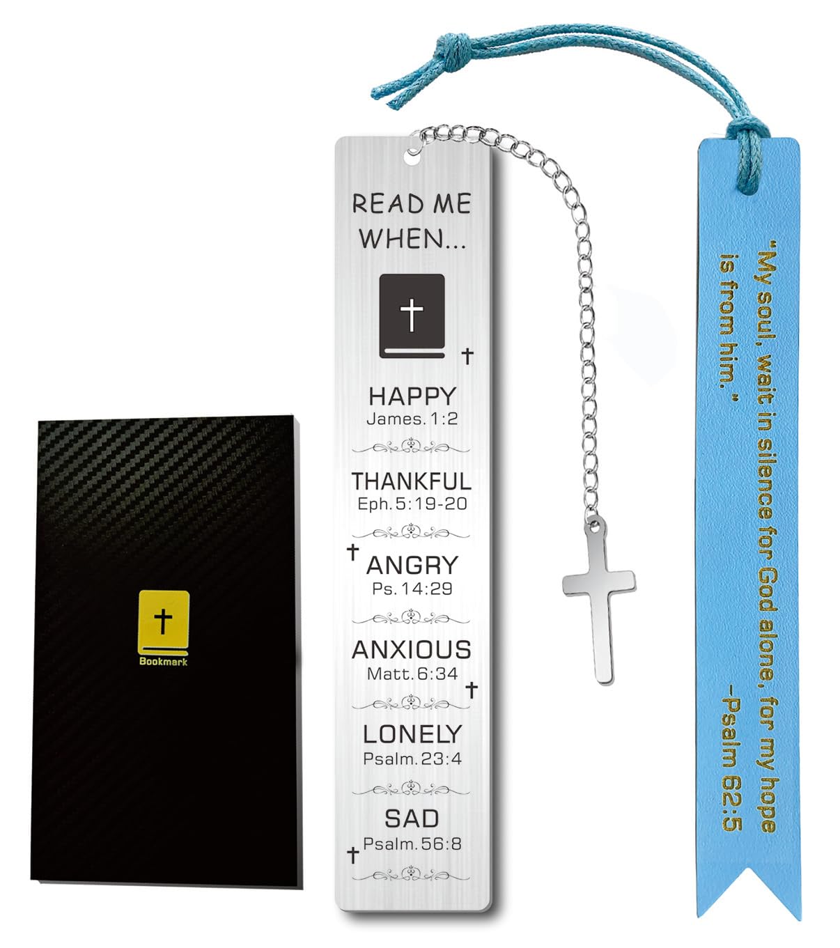 Men's Bible Bookmarks Gift Set – Black Wood Box, Blue Genuine Leather & Silver Metal, Engraved Verses & Mood Guide, Permanently Etched, for Elder, Teacher, Colleague, Brother
