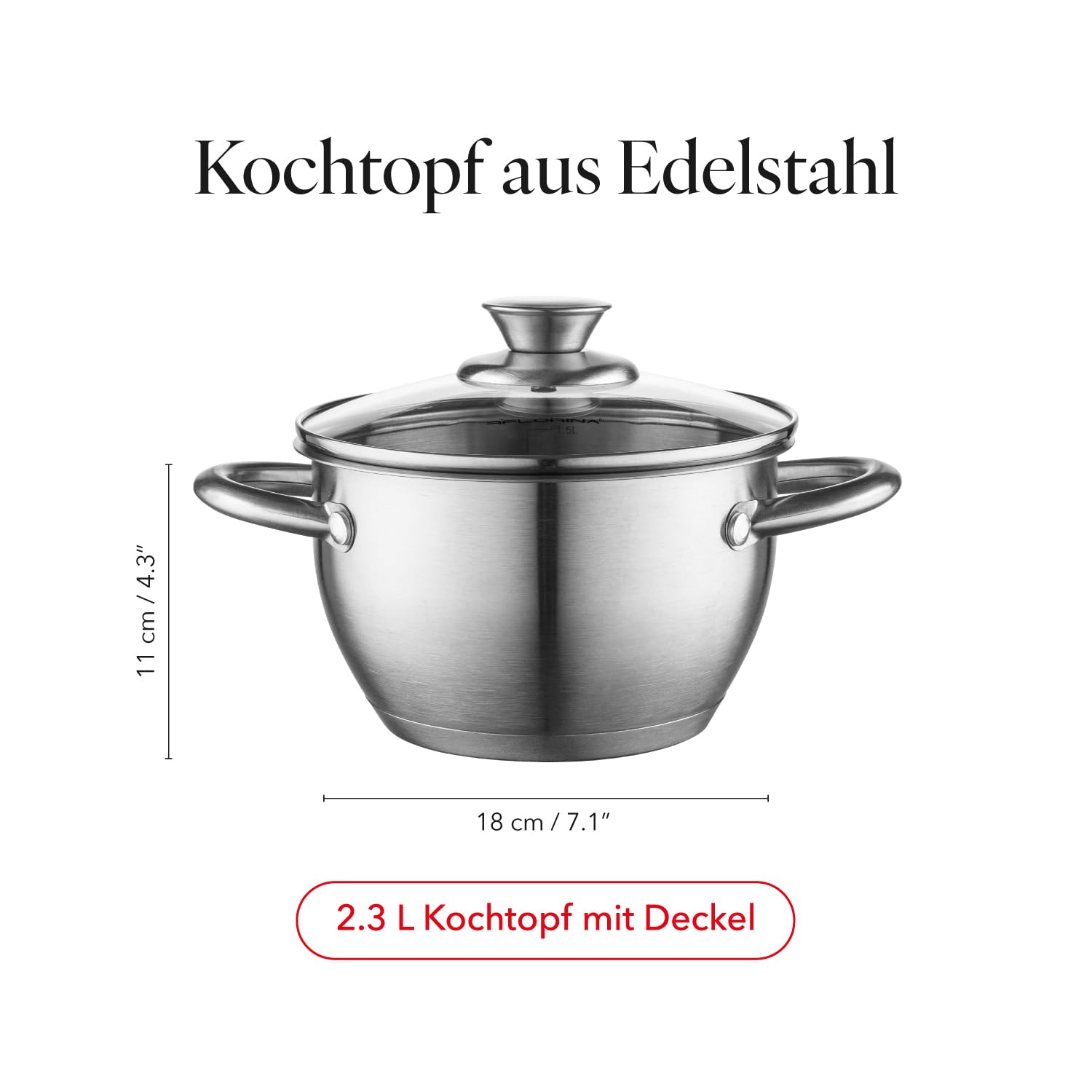FLORINA Pentola in Acciaio Inox (2,3 l) 18 cm I Pentola con Coperchio in Vetro Henry I Adatta alla Lavastoviglie I Pentola per Pasta, Zuppa I Ideale per Tutti i Tipi di Fornelli e Induzione