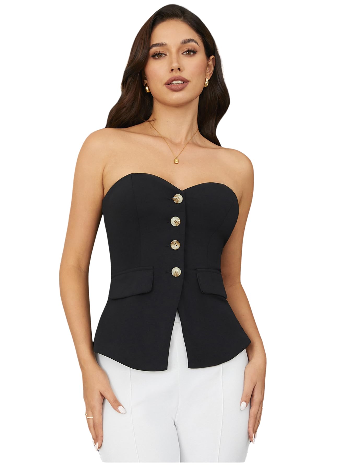 OYOANGLE Women's Button Front Split Hem Strapless Tube Top Elegant Workwear Tank Tops