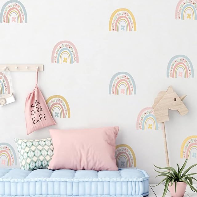 36Pcs Rainbow Wall Decals, Colorful Boho Rainbow Hand Drawn Flower Removable Stick and Peel Wall Stickers, JOENCOST Art Vinyl Waterproof for Girls Kids Room Bedroom Nursery Room