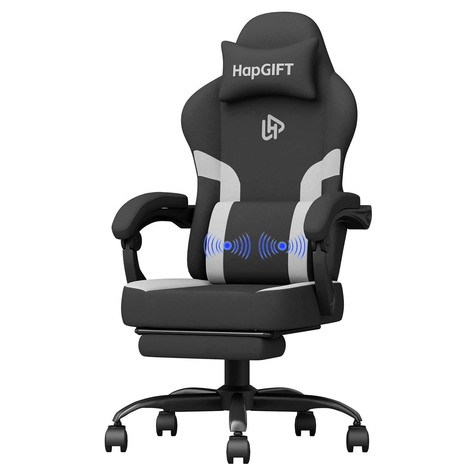 HapGIFT Silla Gaming Ergonómica Reclinable con Masajeador, Silla de Juegos con Reposacabezas y Reposapiés, Asiento Gaming Altura Ajustable, para Adultos, 150 kg, (Gris) The Forest Stewardship Council