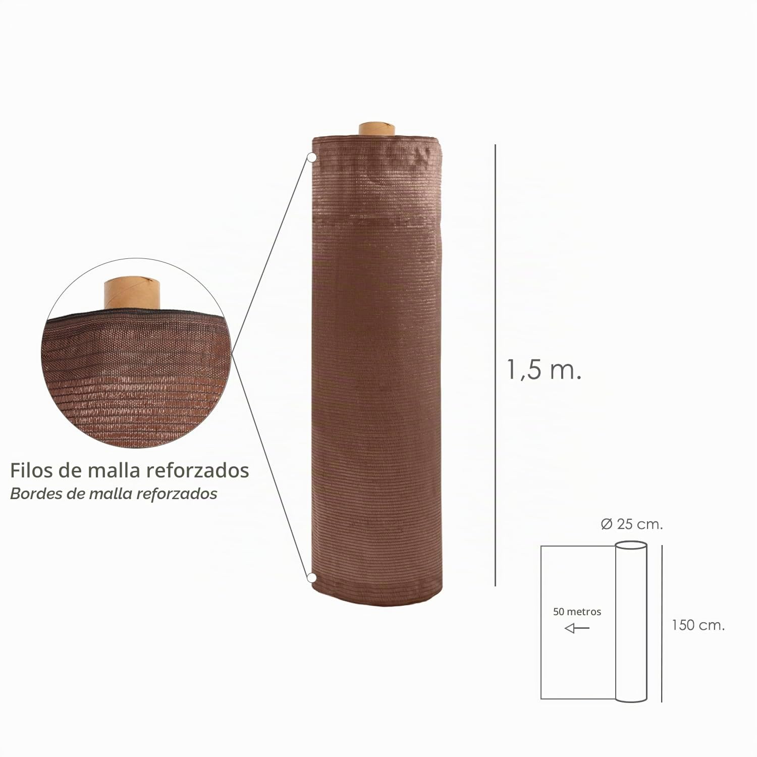 Malla Sombreo Plus 1,5 Metro Marron Rollo 50 MTS. Filo Reforzado Reduce Radiación, Malla Sombra, Malla Ocultacion, Sombra Patios