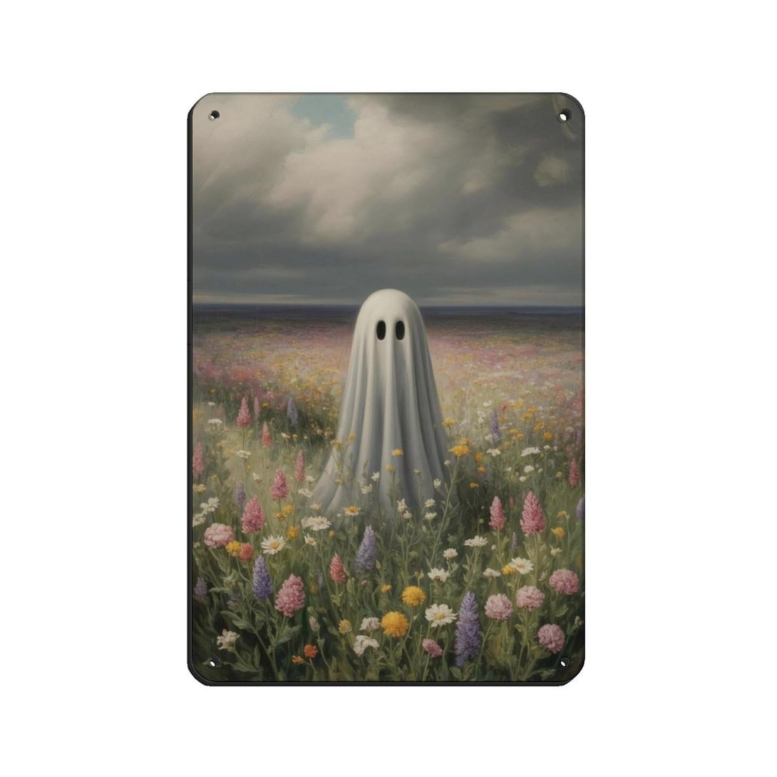 Ghost in The Wildflower,Cute Ghost Poster (2) Retro Poster Metal Tin Sign Chic Art Retro Iron Painting Bar People Cave Cafe Family Garage Poster Wall Decoration 8x12inch(20x30cm)