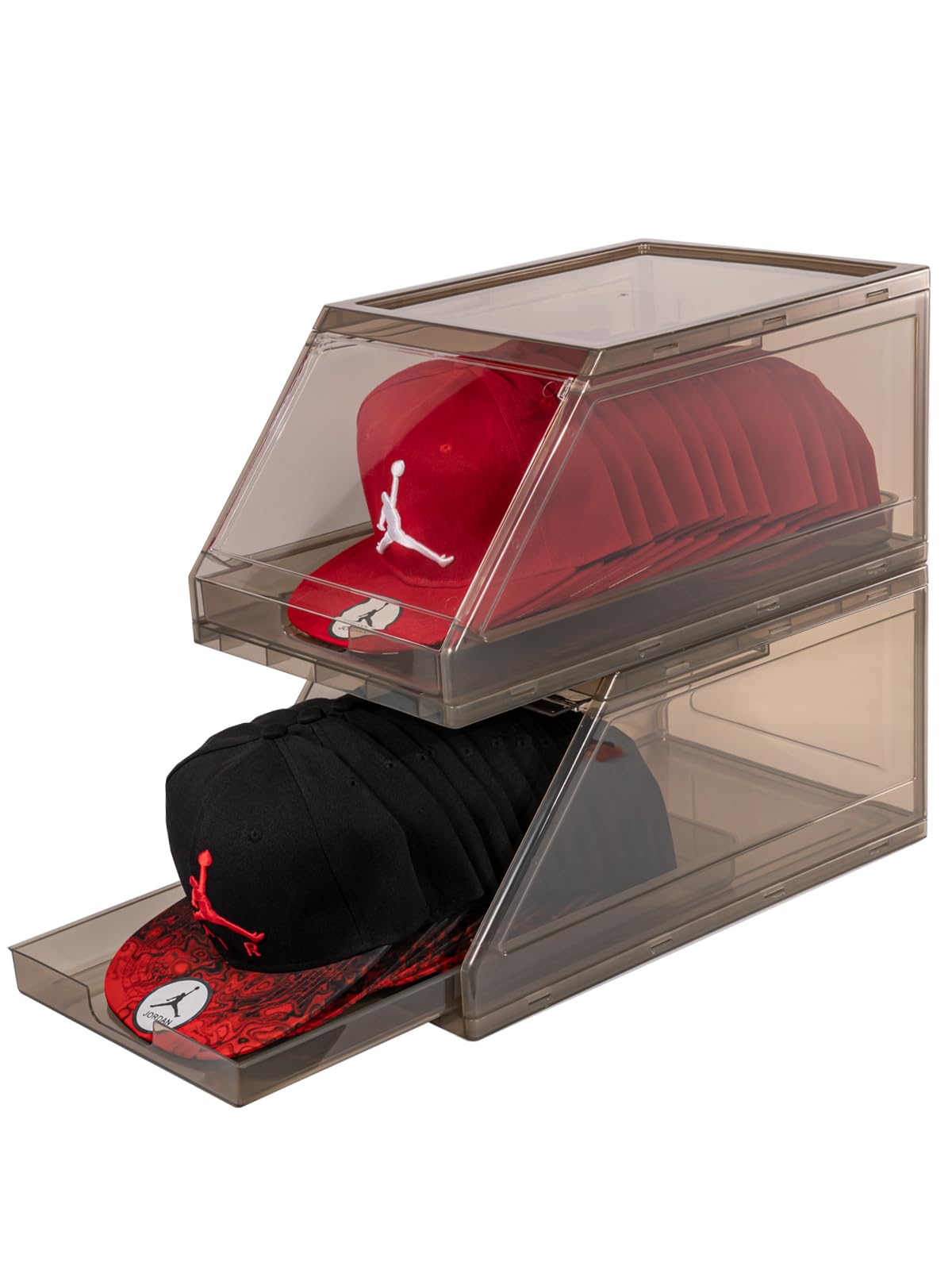 SCAVATA 2 Pack Hat Organizer, Stackable Clear Baseball Caps Holder Box Containers with Sliding Tray for Hats Snapback Cap Storage, Hat Rack Display Case (Wood Brown)