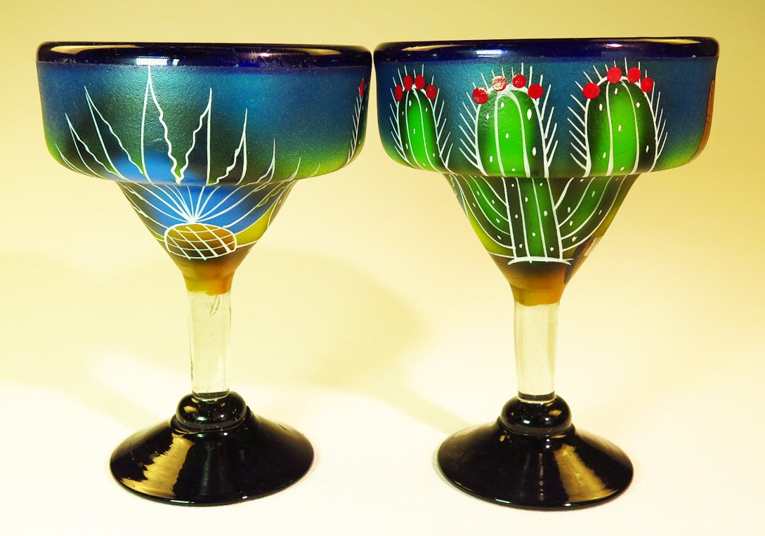 Mexican Margarita Glasses and Pitcher set with display rack, Hand Blown