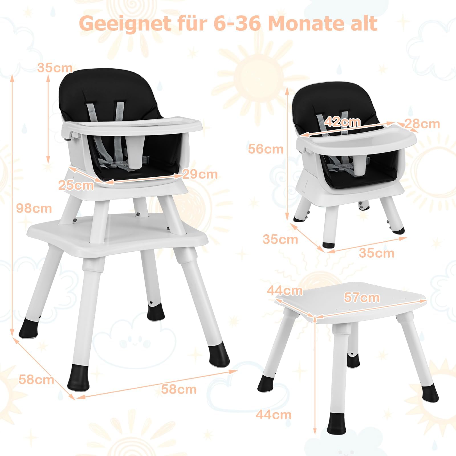 FANTASK Chaise haute combinée 6 en 1 pour enfant et bébé avec ceinture de sécurité et plateau amovible Noir