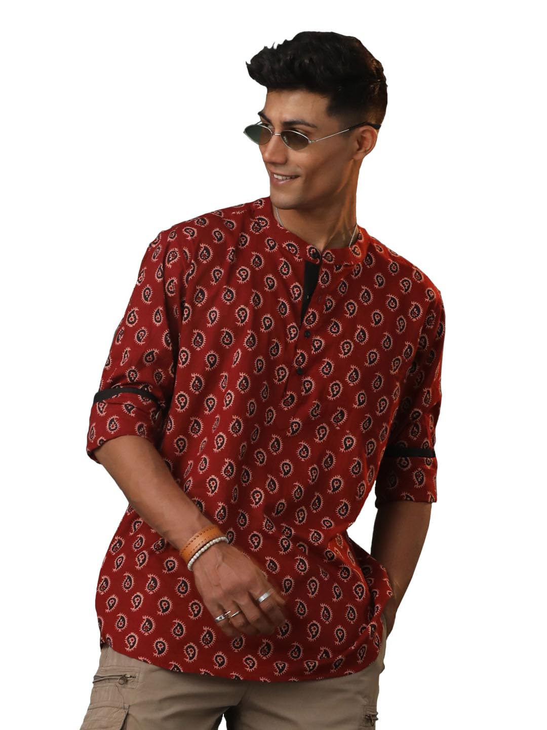 shvaas by vastramay Men's Maroon Cotton Short Kurta || Cotton Printed Short Kurta for Men.-picture-25