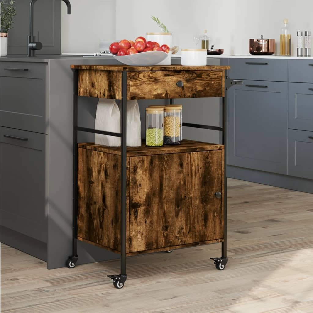Kitchen Trolley Smoked Oak Engineered Wood 22"x16.9"x35.2" Rolling Kitchen Cart with Wheels, Kitchen Storage Cart, Mobile Food Cart, Durable Serving Cart, Kitchen Island Cart