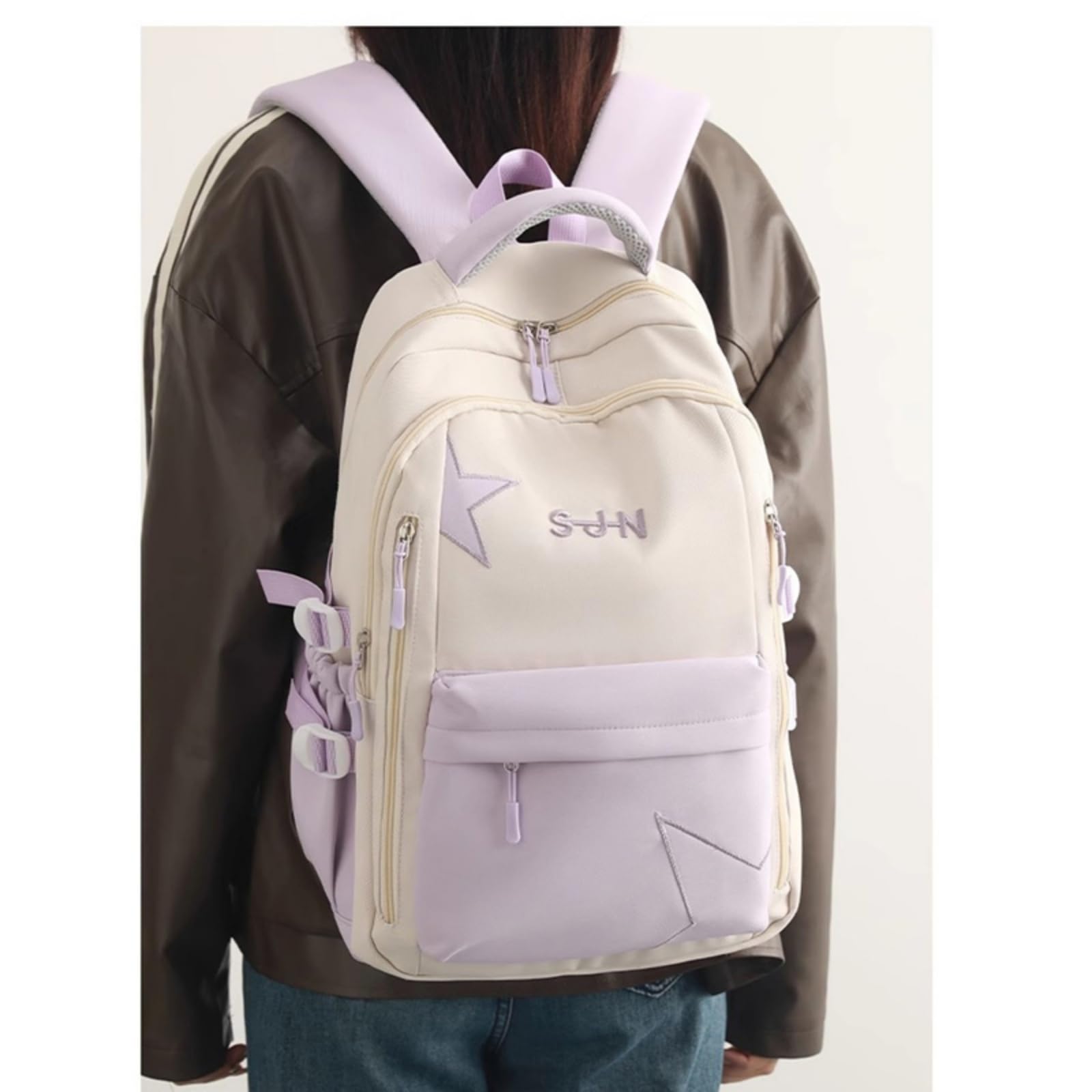 Zaino Star Ricamo Colore Blocco Zaino, Grande capacità Scolastico Casual per L'uso di Viaggio degli Adolescenti-Sky Blue